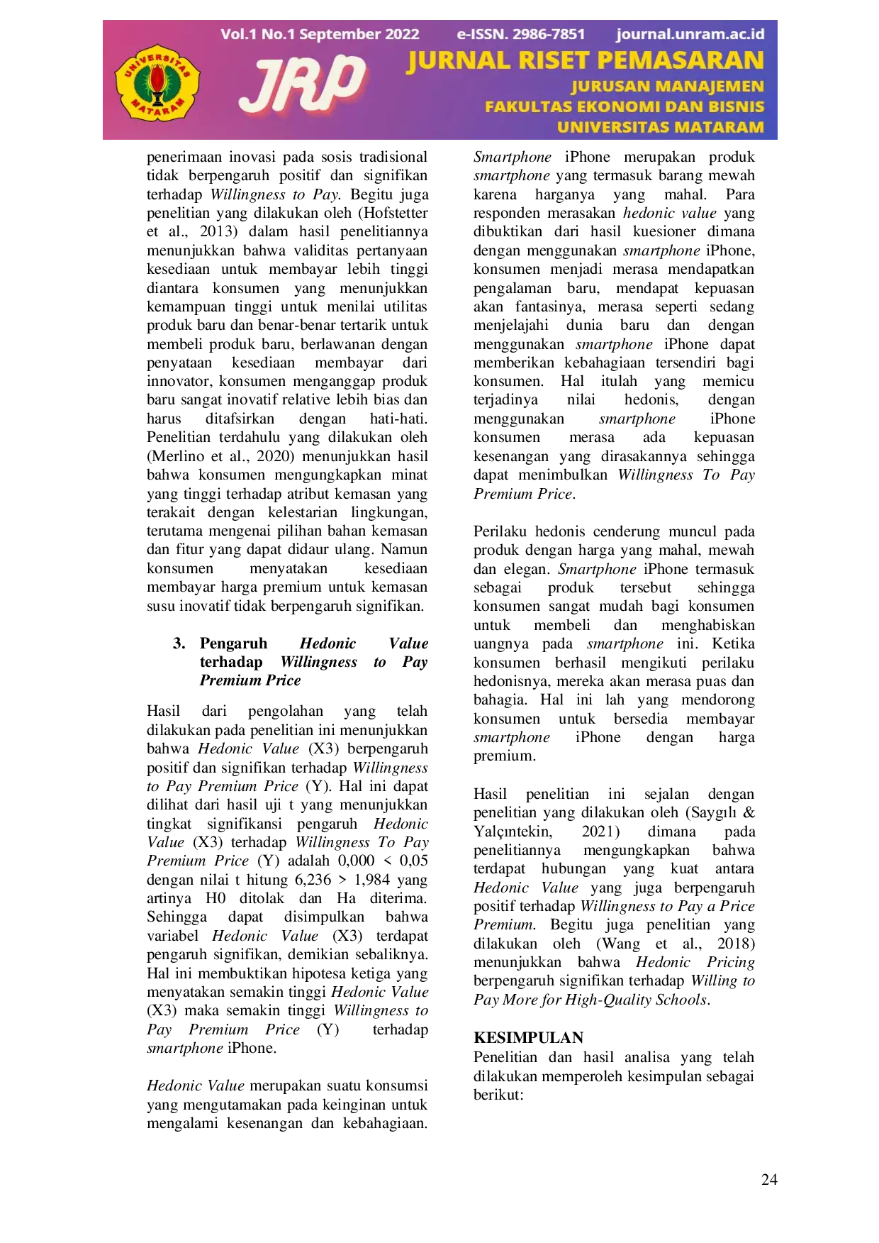 JURIS Pengaruh Brand Image Product Innovation Dan Hedonic Value Terhadap Willingness To Pay Premium Price