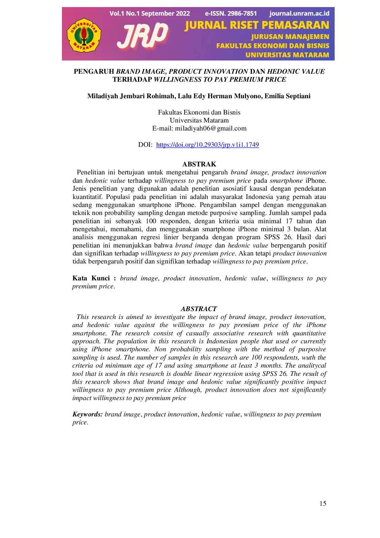 JURIS Pengaruh Brand Image Product Innovation Dan Hedonic Value Terhadap Willingness To Pay Premium Price