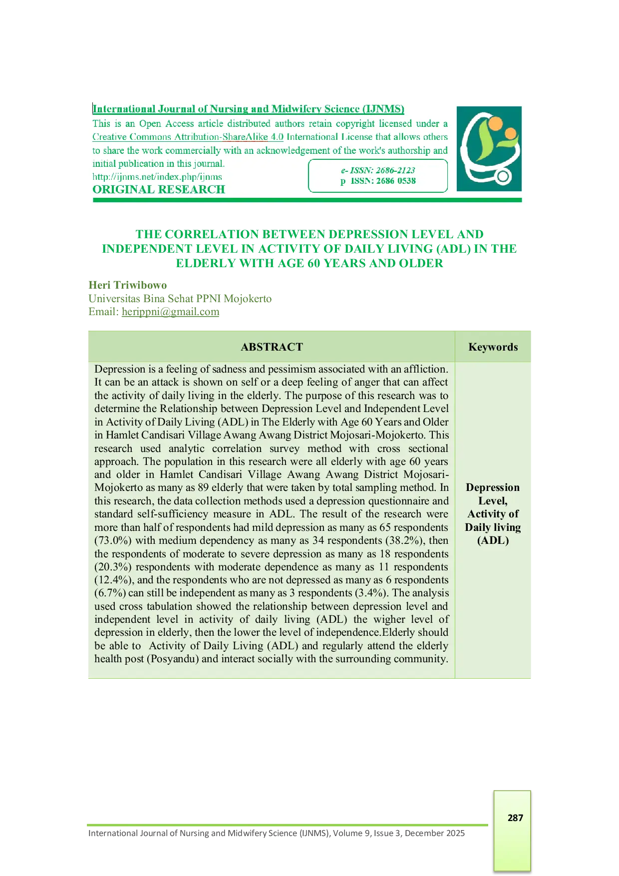 JURIS Korelasi antara Tingkat Depresi dan Tingkat Kemandirian dalam Kegiatan Sehari hari ADL pada Lansia Usia 60 Tahun ke Atas
