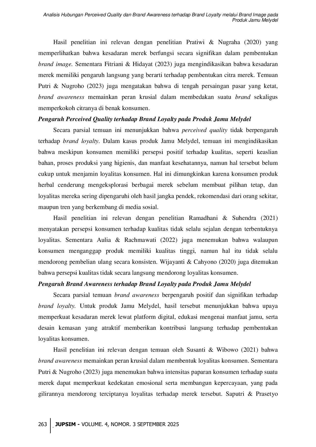 JURIS Analisis Hubungan Perceived Quality dan Brand Awareness terhadap Brand Loyalty melalui Brand Image pada Produk Jamu Melydel