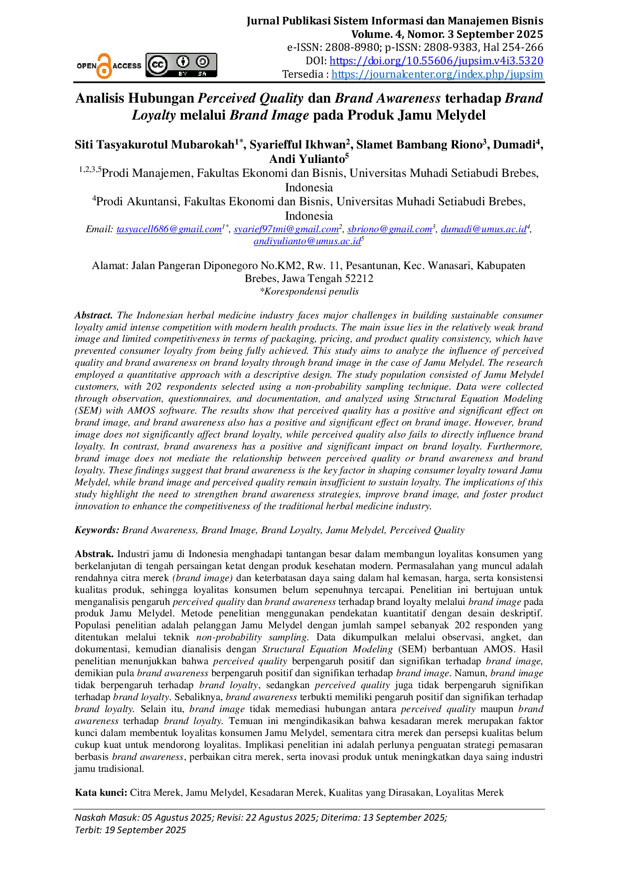 JURIS Analisis Hubungan Perceived Quality dan Brand Awareness terhadap Brand Loyalty melalui Brand Image pada Produk Jamu Melydel