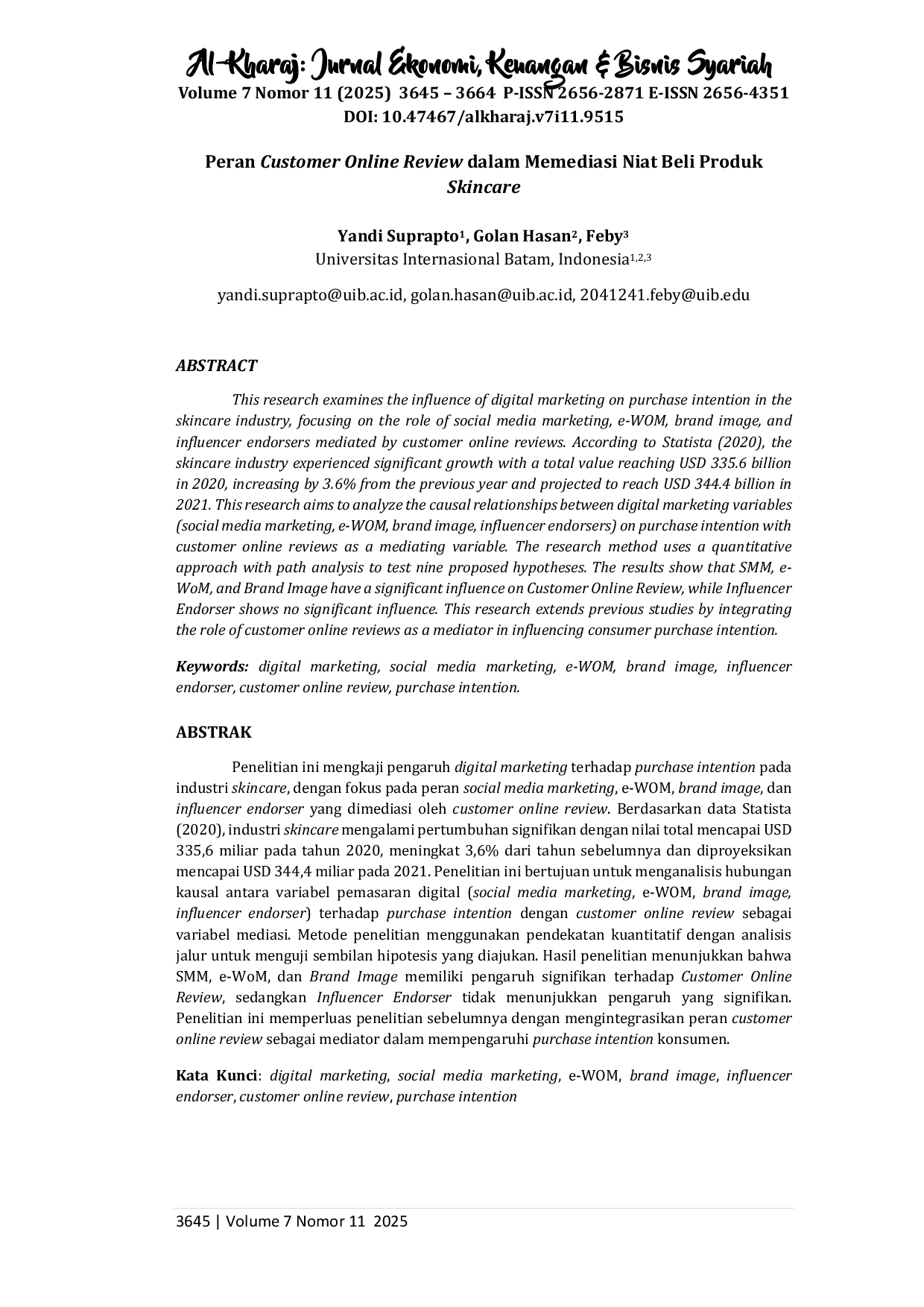 juris Peran Customer Online Review dalam Memediasi Niat Beli Produk Skincare