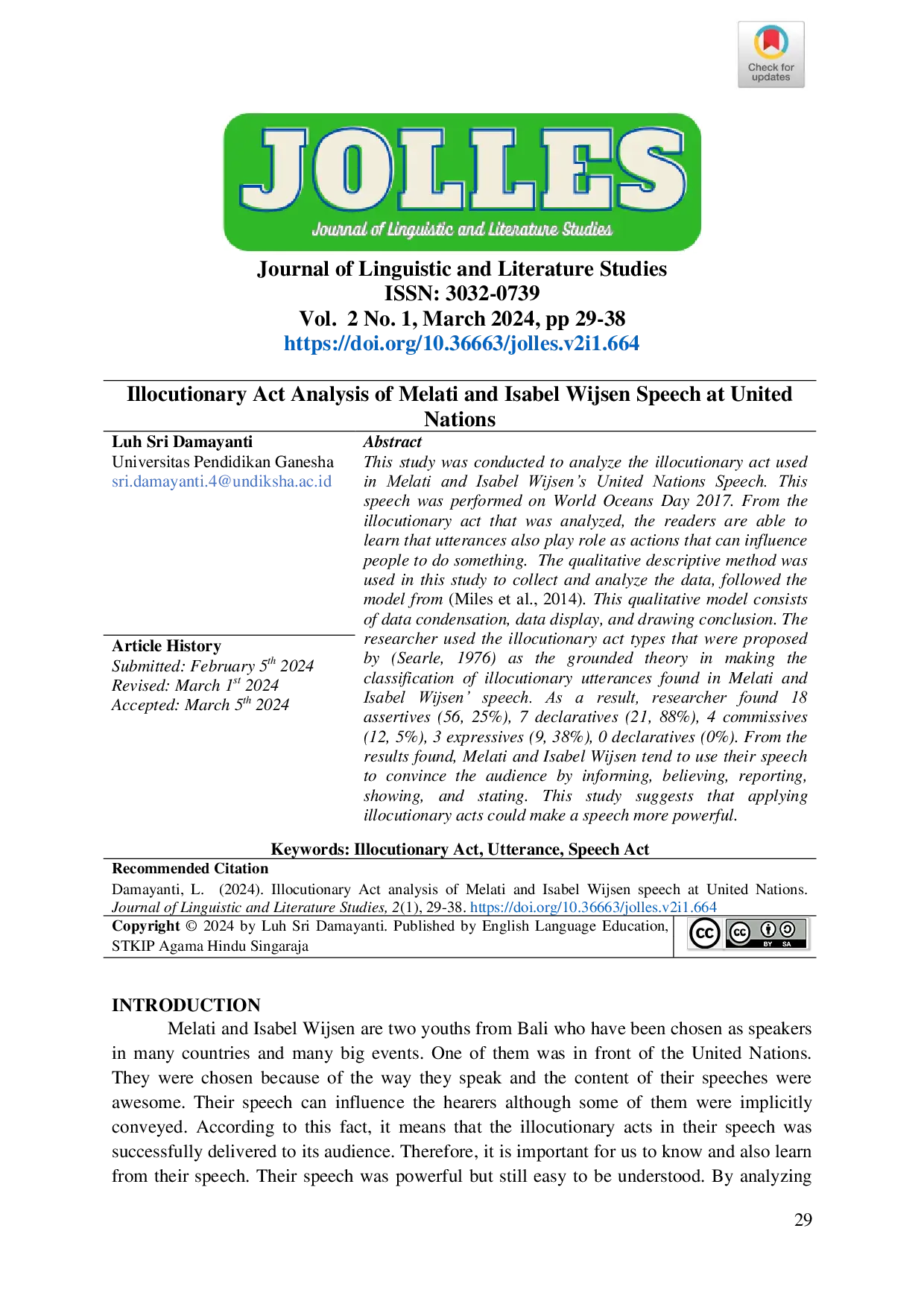 JURIS Illocutionary Act Analysis of Melati and Isabel Wijsen Speech at United Nations