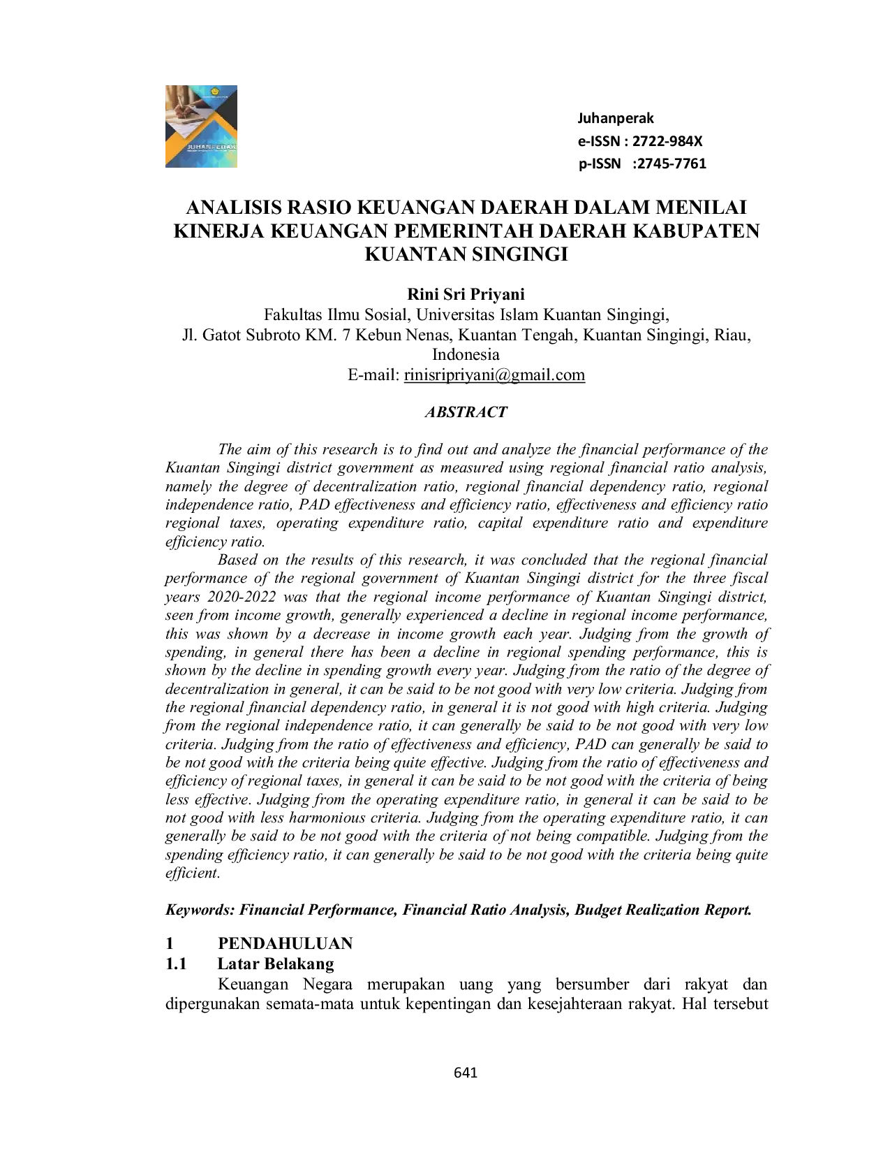 JURIS Analisis Rasio Keuangan Daerah Dalam Menilai Kinerja Keuangan Pemerintah Daerah Kabupaten Kuantan Singingi
