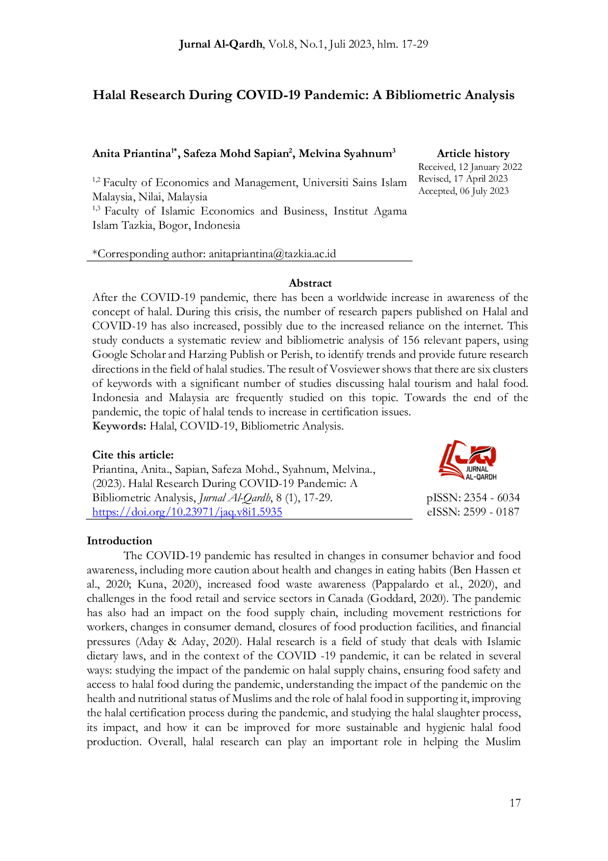 JURIS Halal Research During COVID 19 Pandemic A Bibliometric Analysis