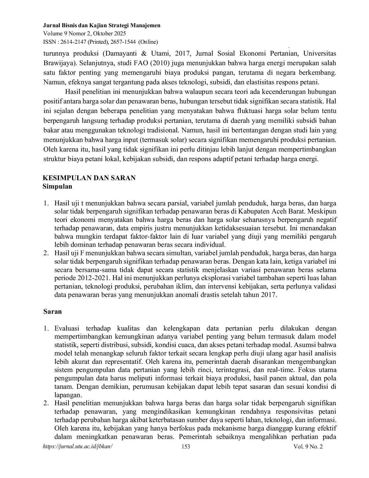 JURIS Determinasi Variabel Makro dan Mikro Ekonomi terhadap Penawaran Beras di Kabupaten Aceh Barat