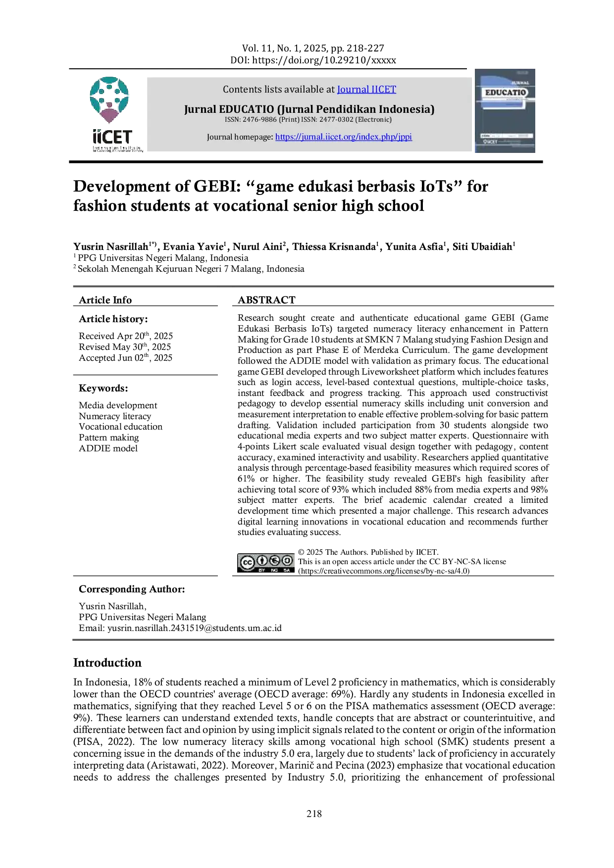 JURIS Development of GEBI game edukasi berbasis IoTs for fashion students at vocational senior high school