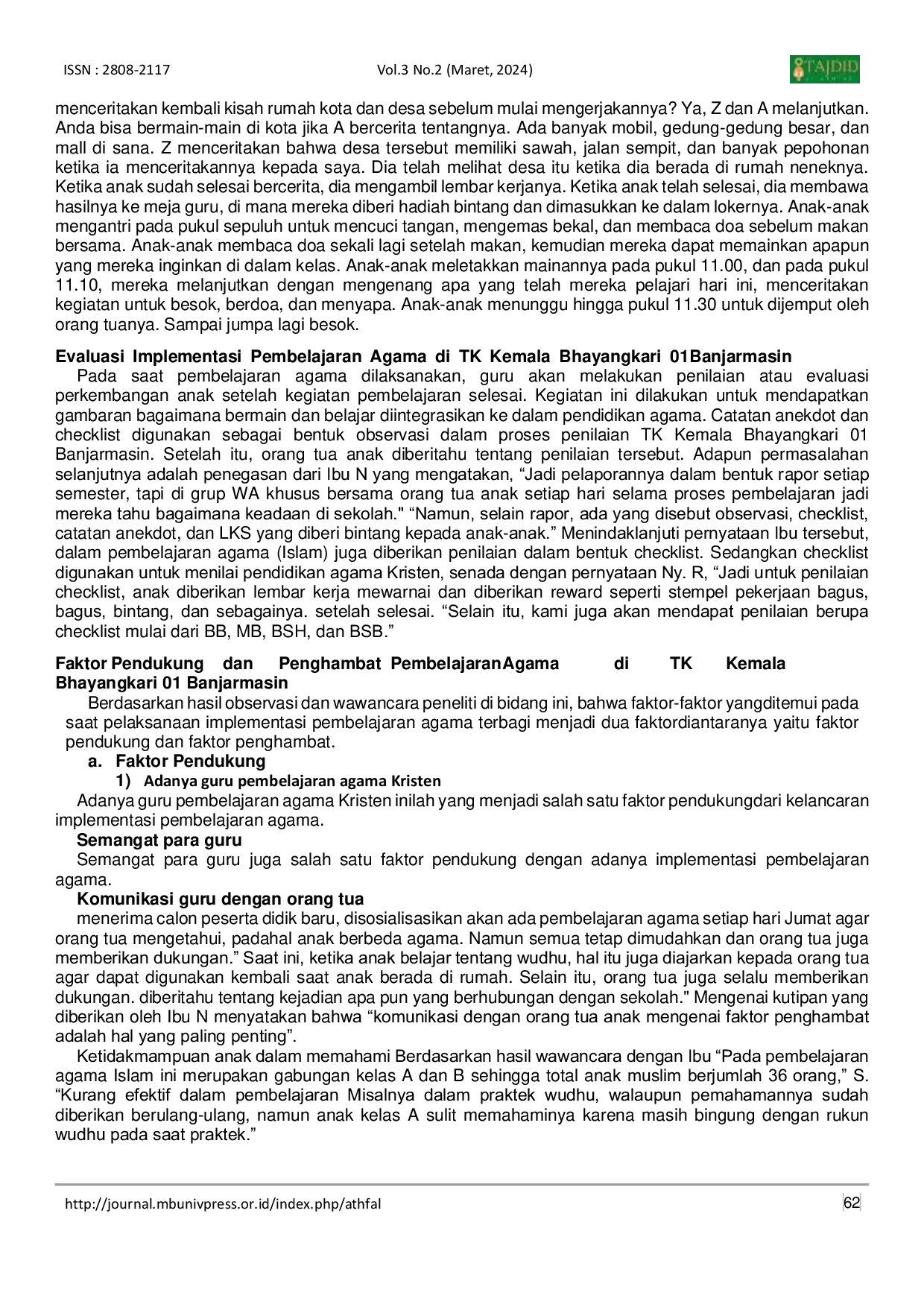 JURIS Implementation of Religious Learning at Kindergarten Kemala Bhayangkari 01 Banjarmasin