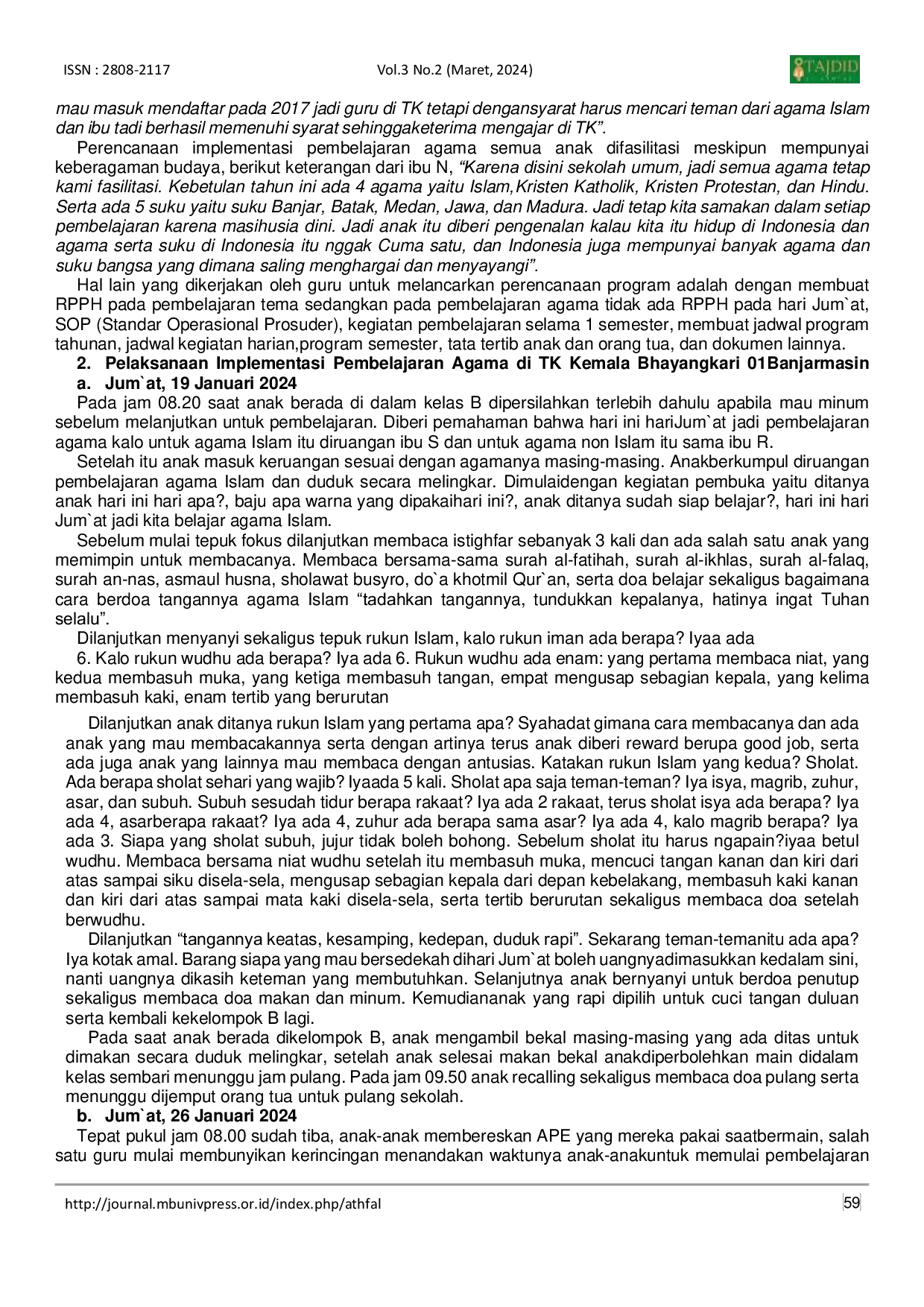 JURIS Implementation of Religious Learning at Kindergarten Kemala Bhayangkari 01 Banjarmasin