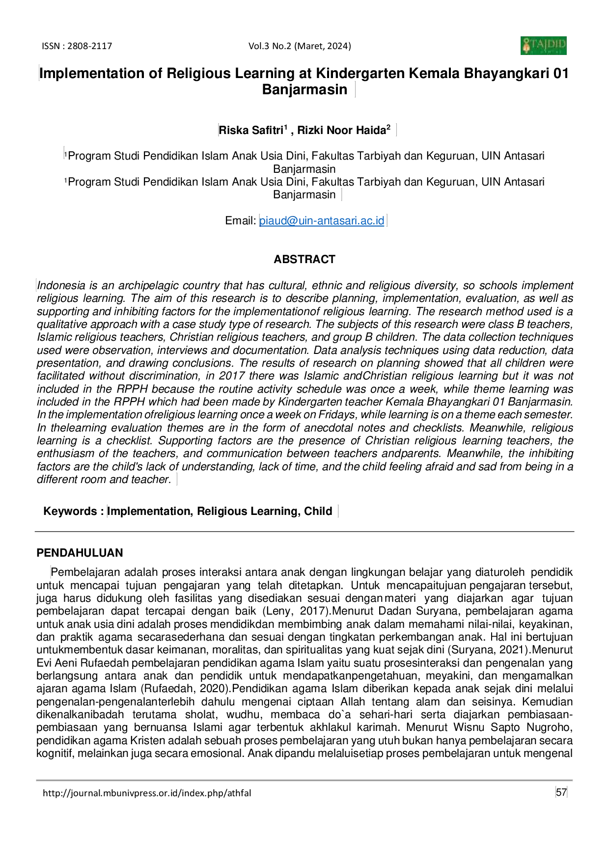 JURIS Implementation of Religious Learning at Kindergarten Kemala Bhayangkari 01 Banjarmasin