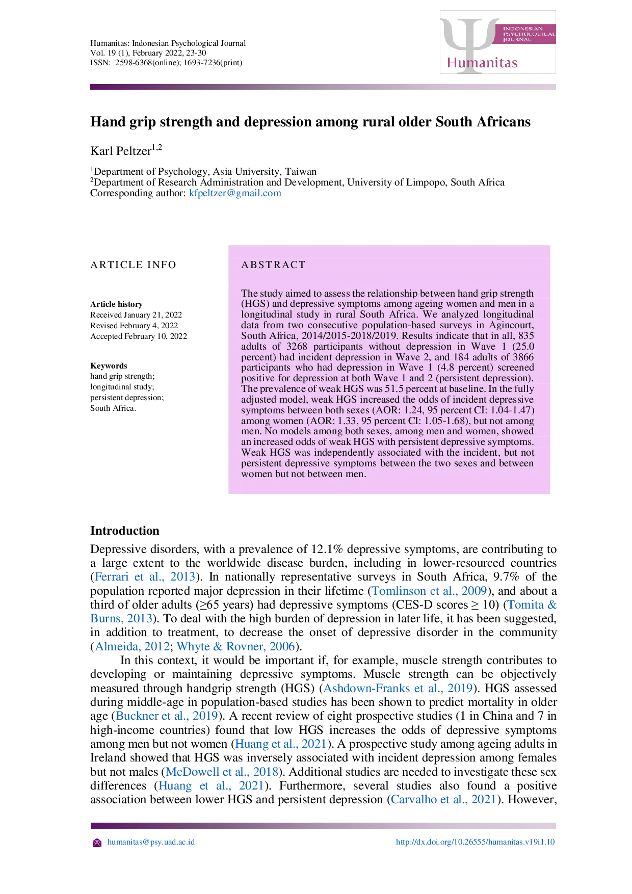 JURIS Hand grip strength and depression among rural older South Africans