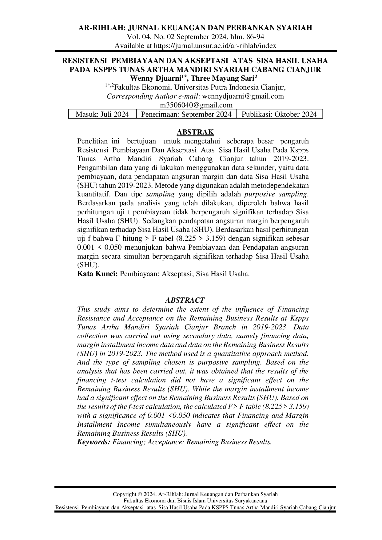 JURIS Resistensi Pembiayaan dan Akseptasi atas Sisa Hasil Usaha pada KSPPS Tunas Artha Mandiri Syariah Cabang Cianjur
