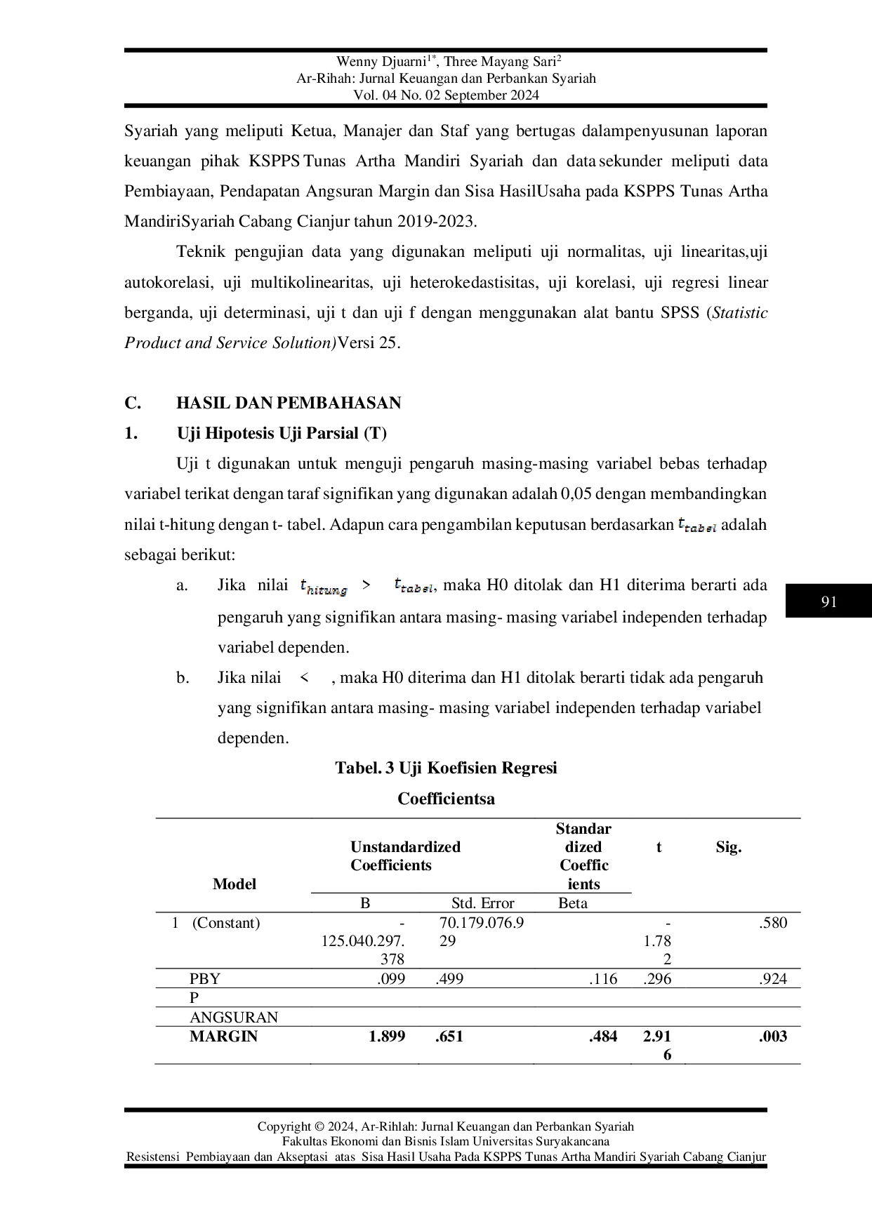 JURIS Resistensi Pembiayaan dan Akseptasi atas Sisa Hasil Usaha pada KSPPS Tunas Artha Mandiri Syariah Cabang Cianjur