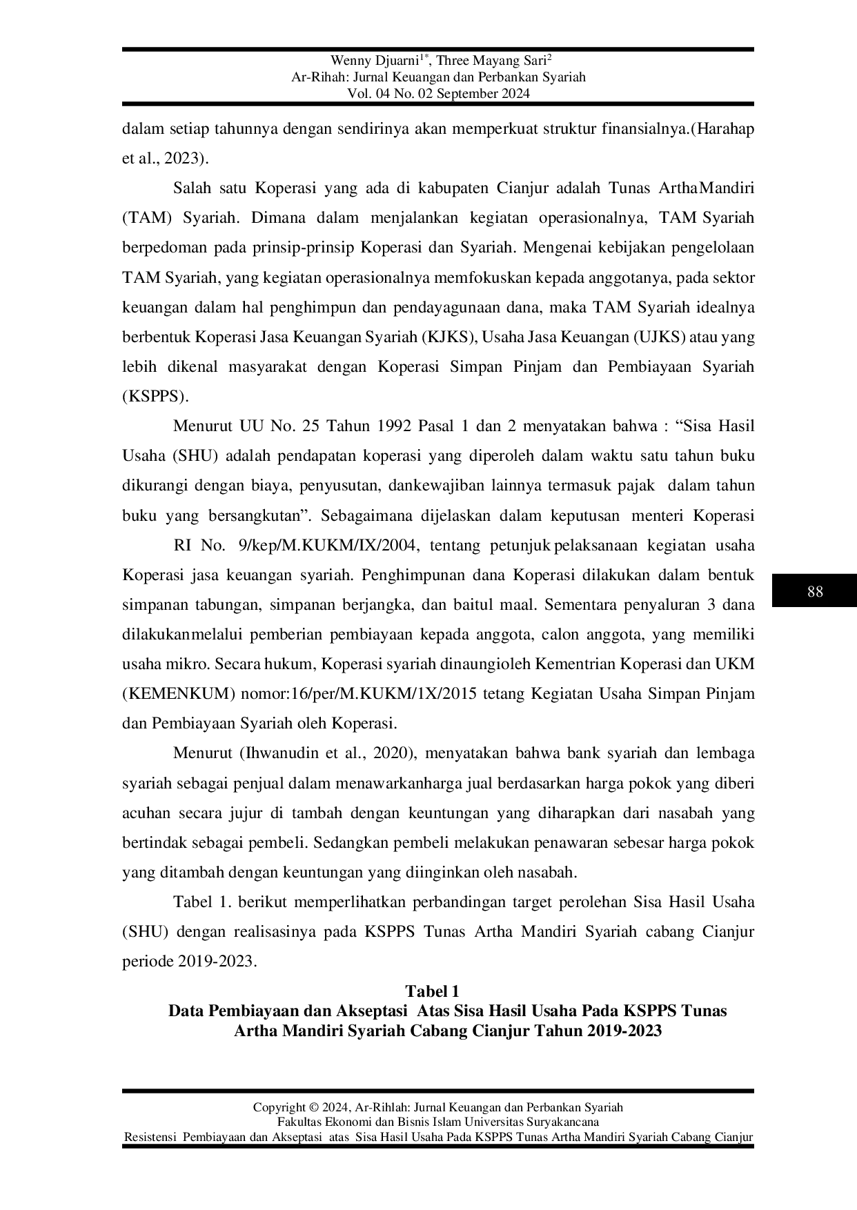 JURIS Resistensi Pembiayaan dan Akseptasi atas Sisa Hasil Usaha pada KSPPS Tunas Artha Mandiri Syariah Cabang Cianjur