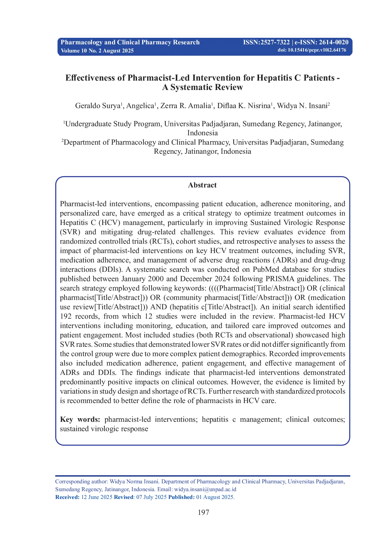 JURIS Effectiveness of Pharmacist Led Intervention for Hepatitis C Patients A Systematic Review