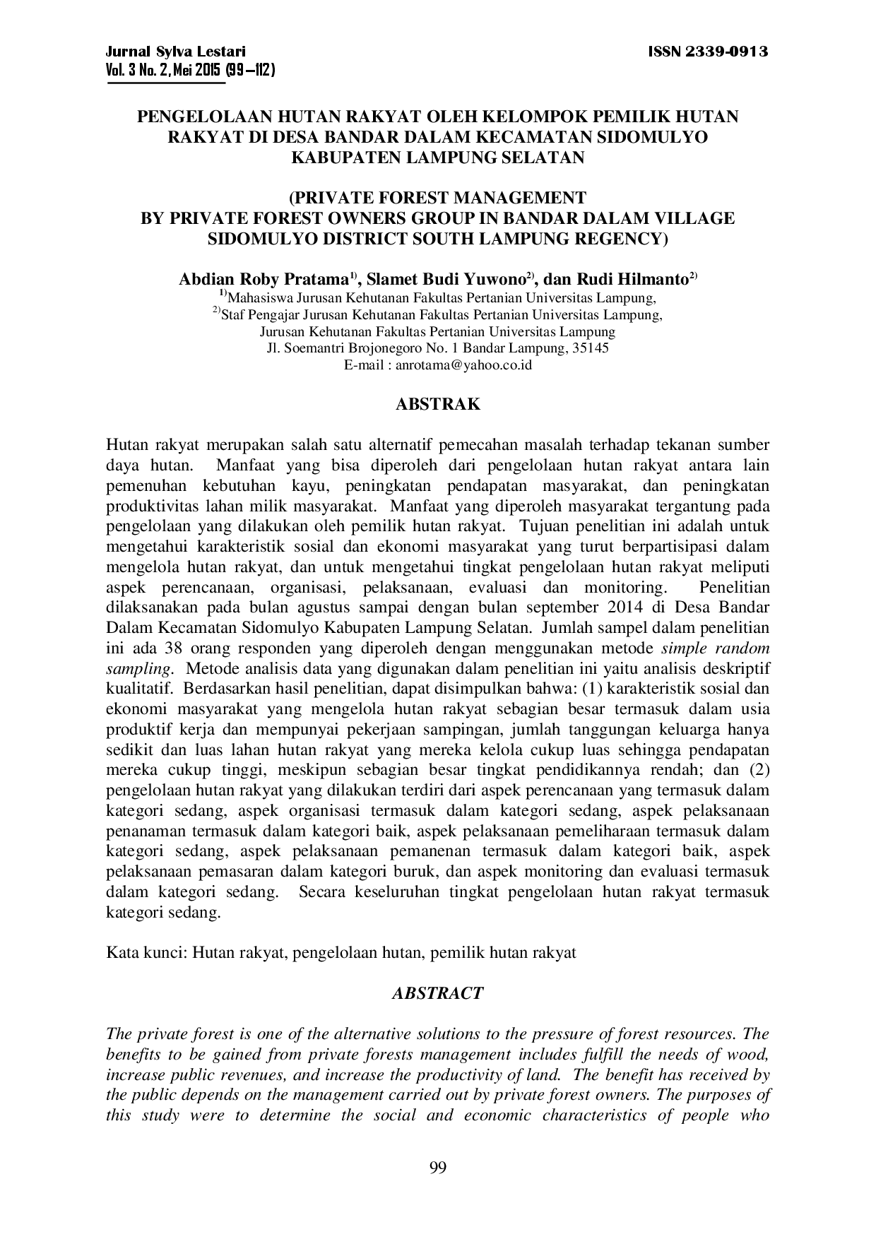 juris Pengelolaan Hutan Rakyat Oleh Kelompok Pemilik Hutan Rakyat Di Desa Bandar Dalam Kecamatan Sidomulyo Kabupaten Lampung Selatan