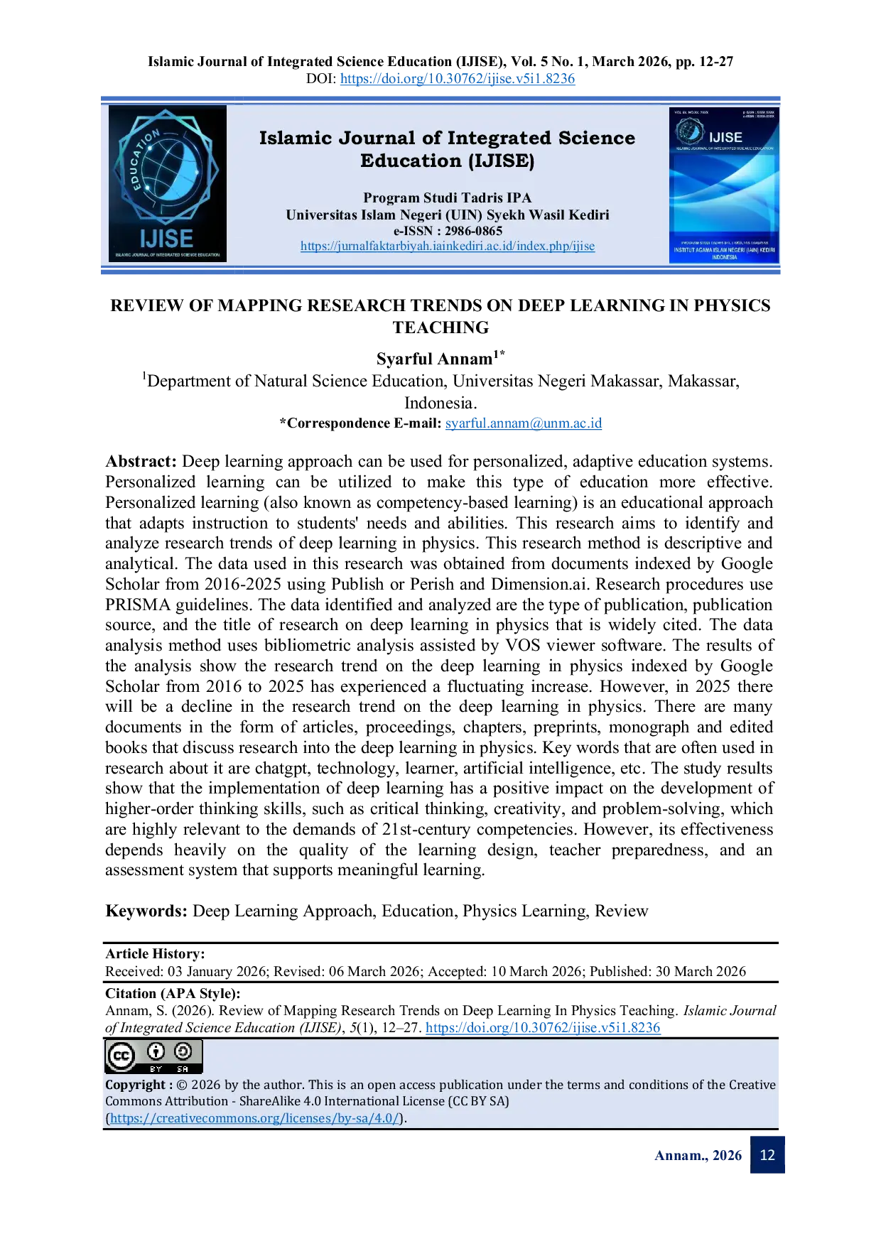 JURIS Review of Mapping Research Trends on Deep Learning In Physics Teaching