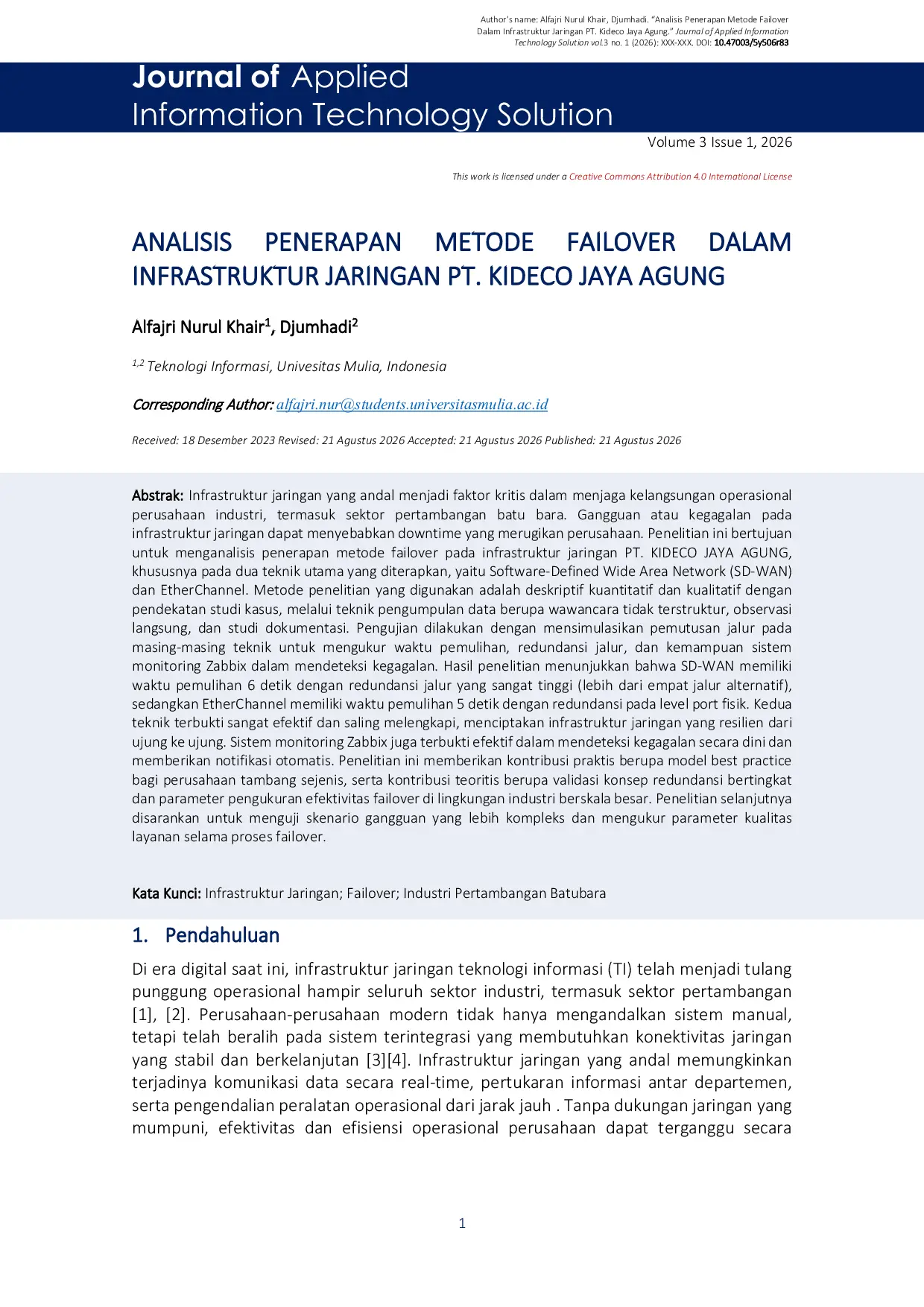 JURIS Analisis Penerapan Metode Failover Dalam Infrastruktur Jaringan Pt Kideco Jaya Agung