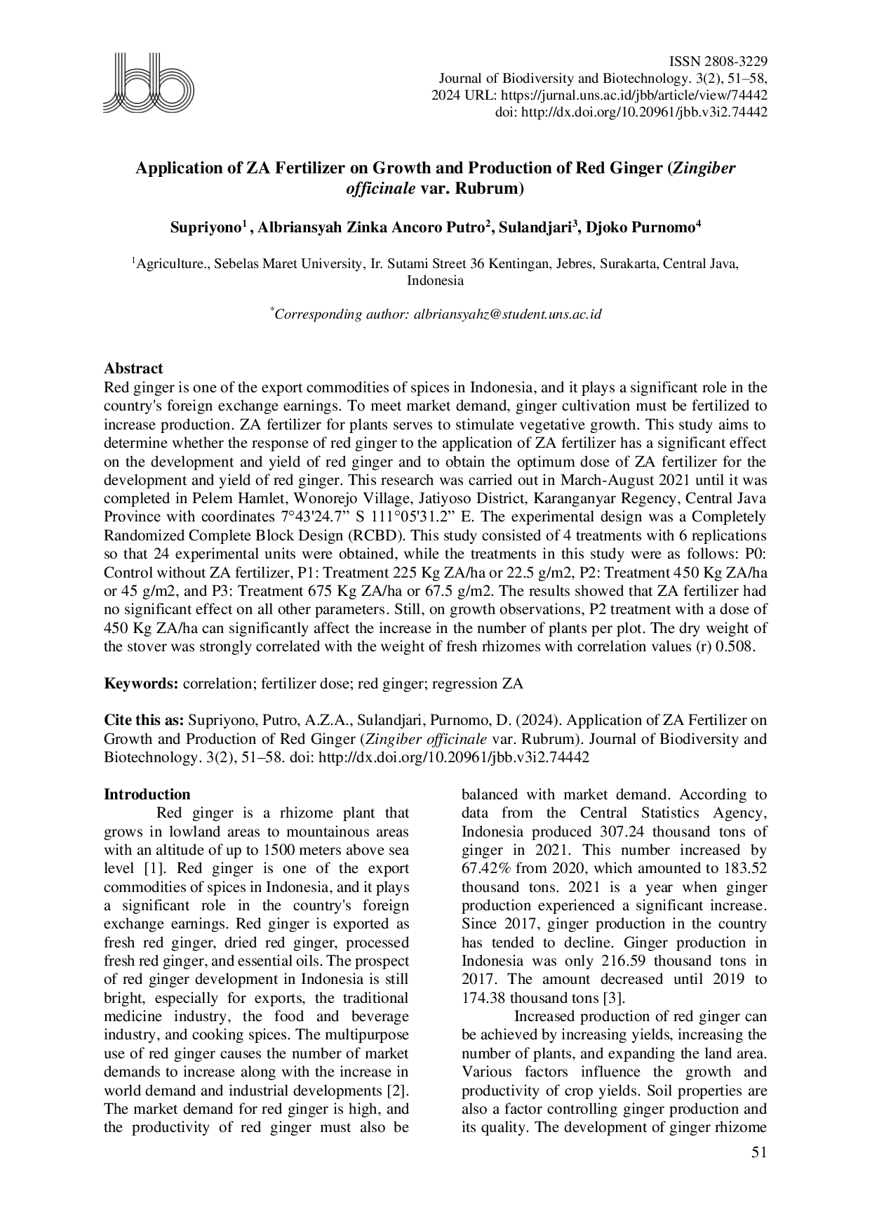 JURIS Application of ZA Fertilizer on Growth and Production of Red Ginger Zingiber officinale var Rubrum