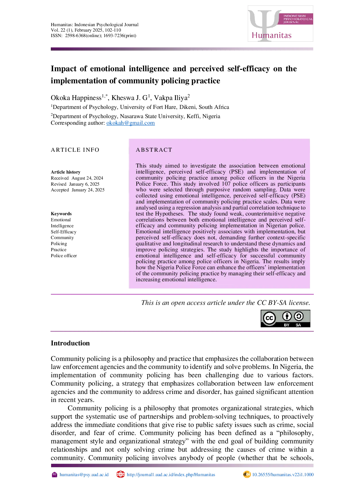 JURIS Impact of emotional intelligence and perceived self efficacy on the implementation of community policing practice