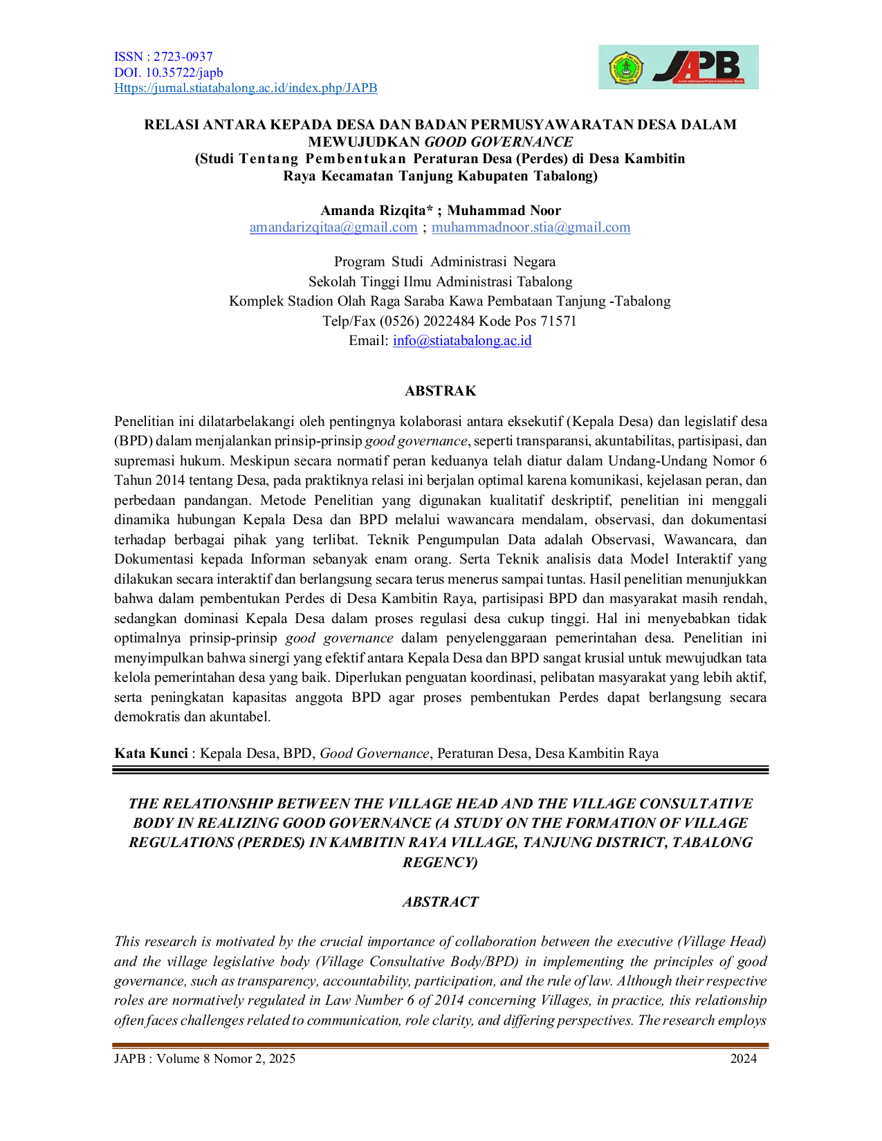 JURIS Relasi Antara Kepala Desa Dan Badan Permusyawaratan Desa Dalam Mewujudkan Good Governance