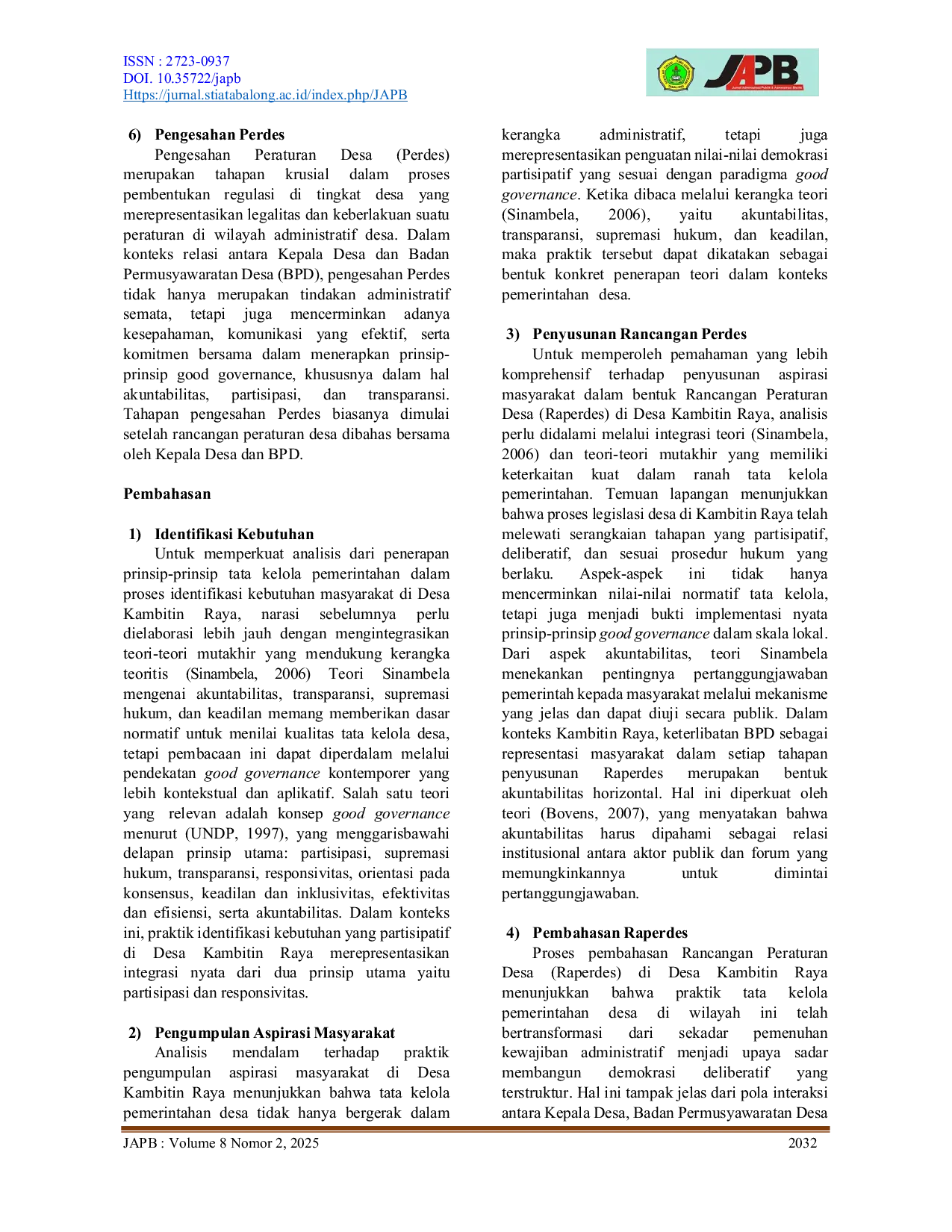 JURIS Relasi Antara Kepala Desa Dan Badan Permusyawaratan Desa Dalam Mewujudkan Good Governance