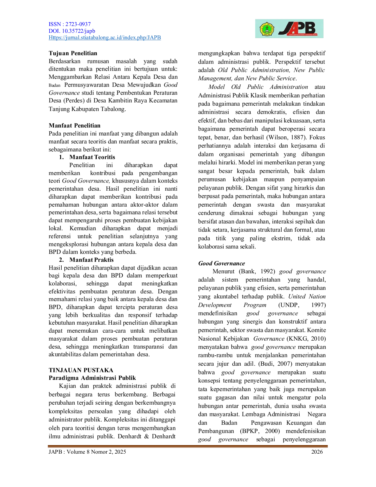 JURIS Relasi Antara Kepala Desa Dan Badan Permusyawaratan Desa Dalam Mewujudkan Good Governance