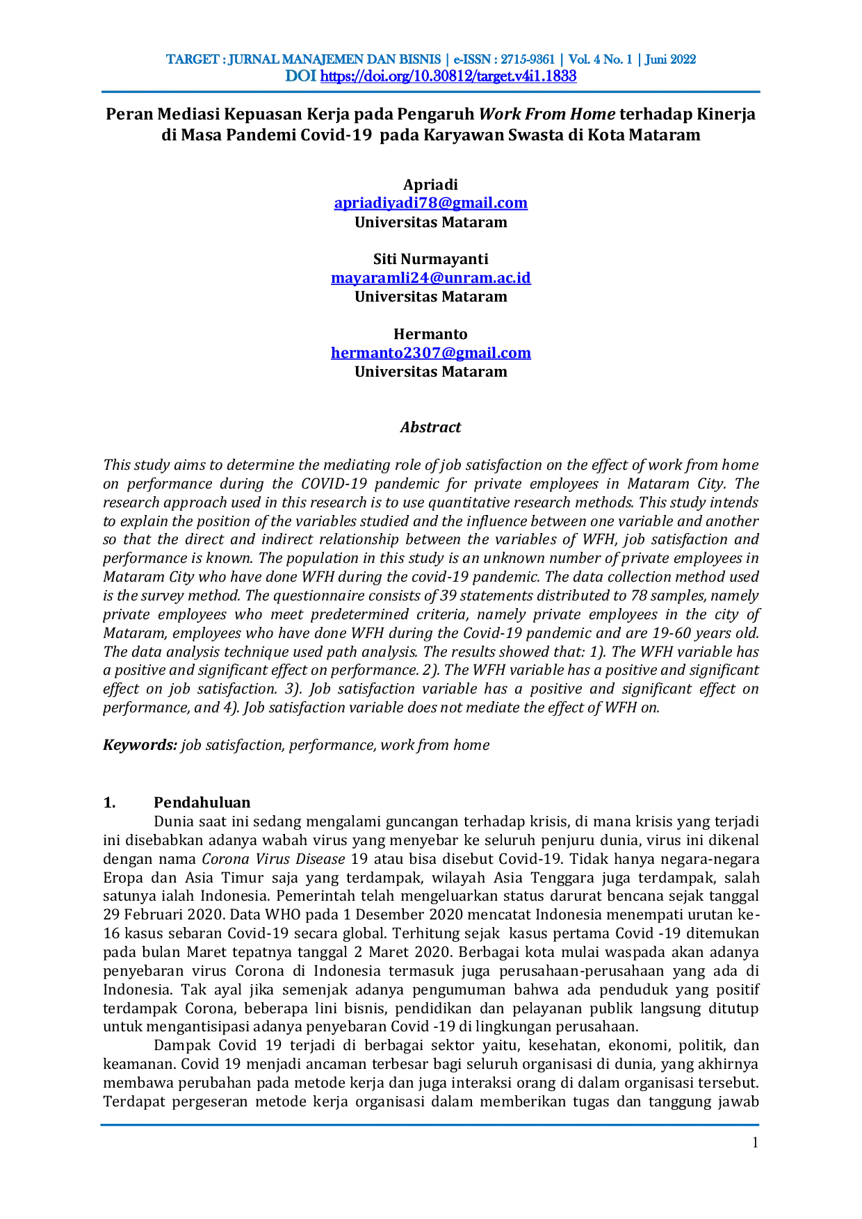 JURIS Peran Mediasi Kepuasan Kerja pada Pengaruh Work From Home terhadap Kinerja di Masa Pandemi Covid 19 pada Karyawan Swasta di Kota Mataram