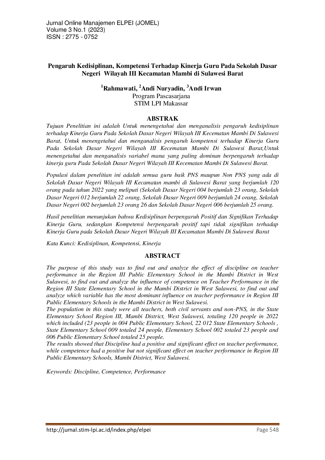juris Pengaruh Kedisiplinan Kompetensi Terhadap Kinerja Guru Pada Sekolah Dasar Negeri Wilayah III Kecamatan Mambi di Sulawesi Barat