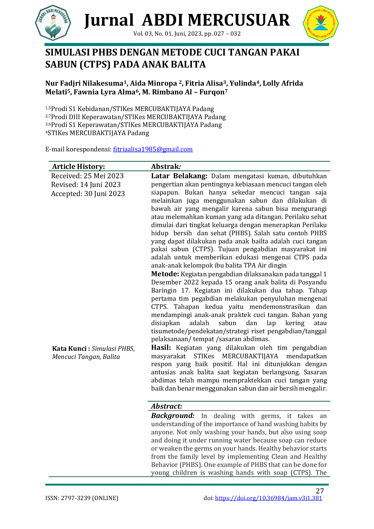 JURIS Simulasi PHBS dengan Metode Cuci Tangan Pakai Sabun CTPS pada Anak Balita