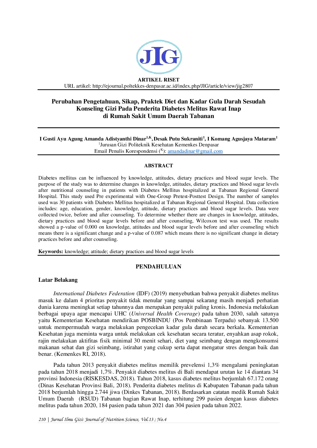 JURIS Perubahan Pengetahuan Sikap Praktek Diet dan Kadar Gula Darah Sesudah Konseling Gizi Pada Penderita Diabetes Melitus Rawat Inap di Rumah Sakit Umum Daerah Tabanan
