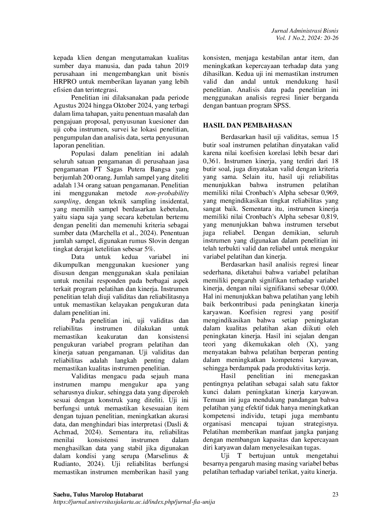 JURIS Dampak Program Pelatihan terhadap Kinerja Satuan Pengamanan Satpam di PT Sagas Putera Bangsa