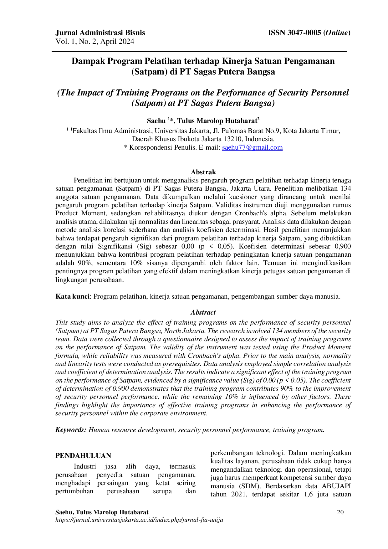 JURIS Dampak Program Pelatihan terhadap Kinerja Satuan Pengamanan Satpam di PT Sagas Putera Bangsa