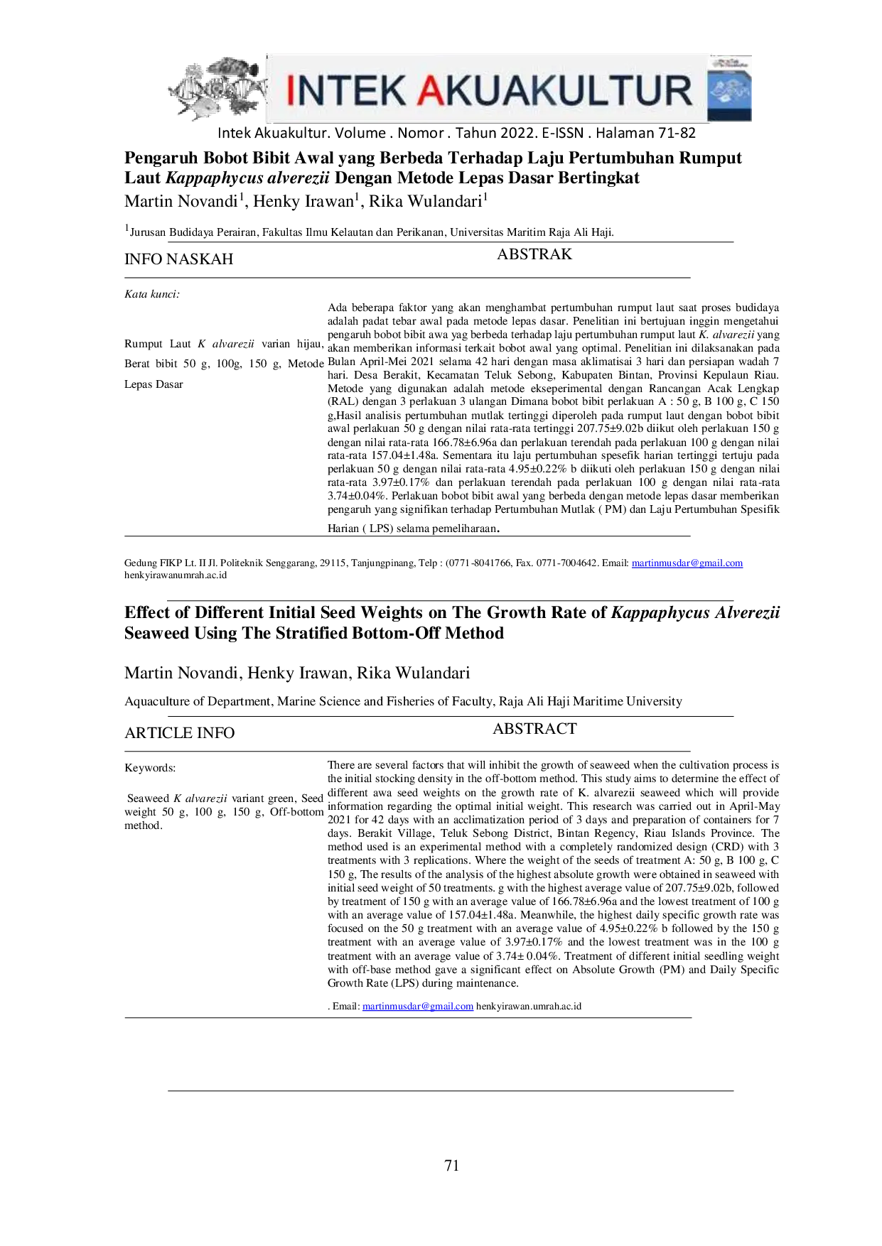 JURIS Pengaruh Bobot Bibit Awal yang Berbeda terhadap Laju Pertumbuhan Rumput Laut Kappaphycus alvarezii dengan Metode Lepas Dasar