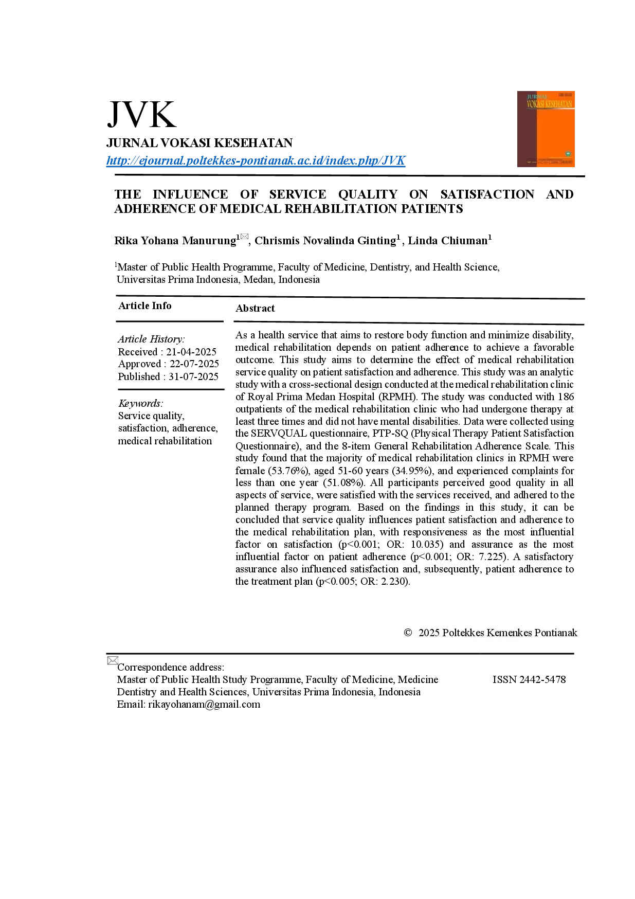 juris The Influence of Service Quality on Satisfaction and Adherence of Medical Rehabilitation Patients