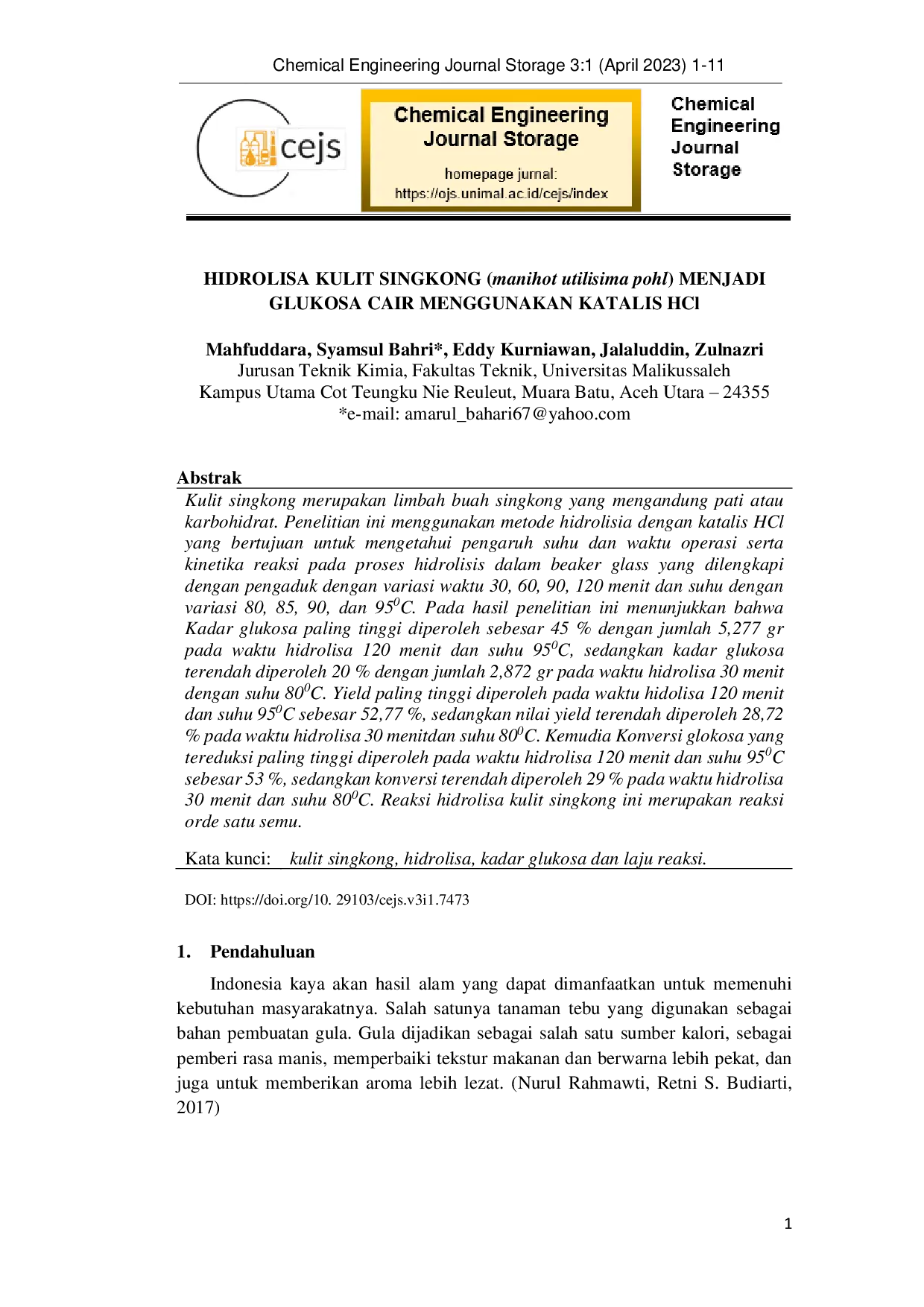 JURIS HIDROLISA KULIT SINGKONG manihot utilisima pohl MENJADI GLUKOSA CAIR MENGGUNAKAN KATALIS HCl