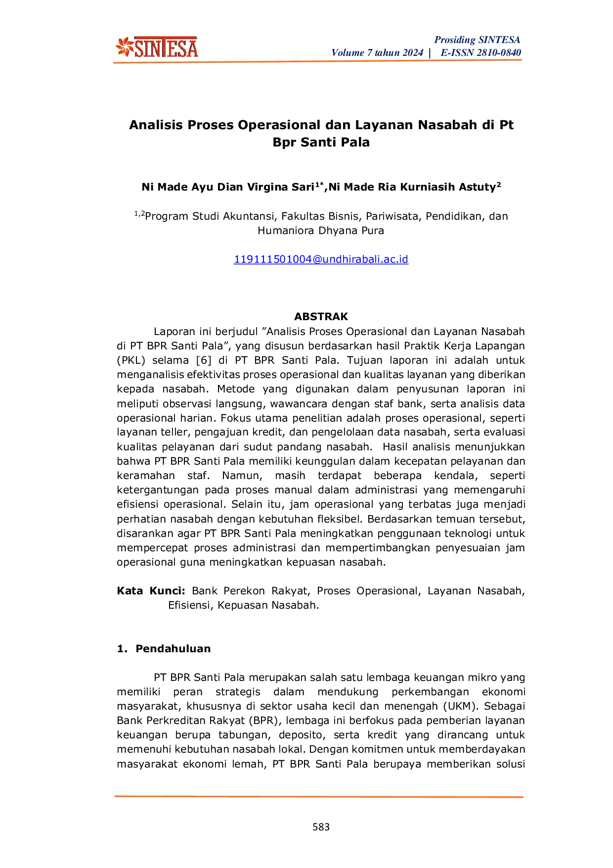 JURIS Analisis Proses Operasional dan Layanan Nasabah di Pt Bpr Santi Pala
