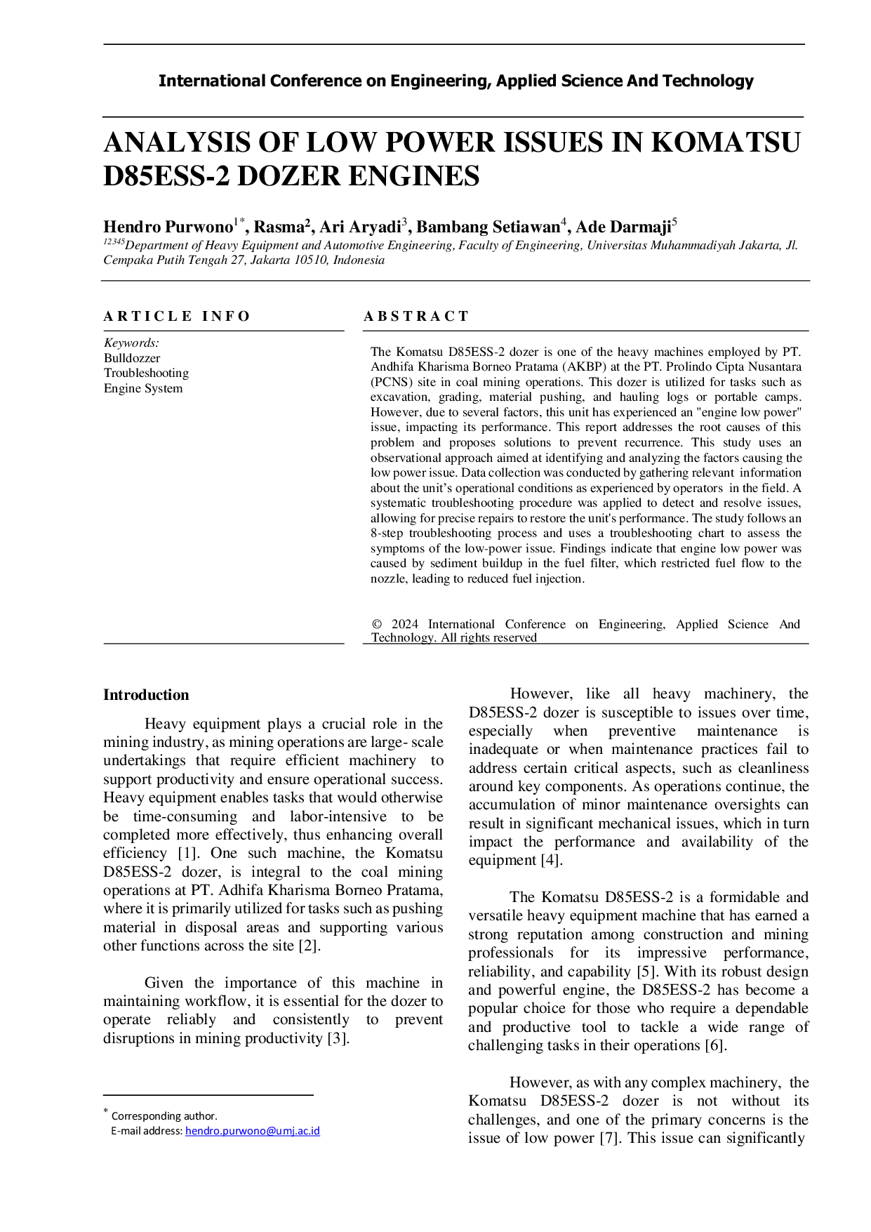 JURIS Analysis of Low Power Issues in Komatsu D85ESS 2 Dozer Engines