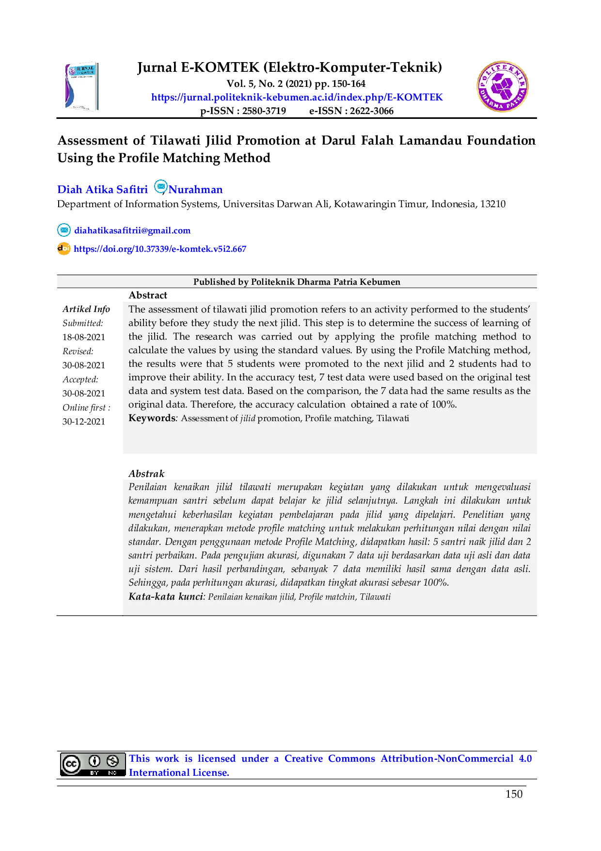 JURIS Assessment Of Tilawati Jilid Promotion At Darul Falah Lamandau Foundation Using The Profile Matching Method