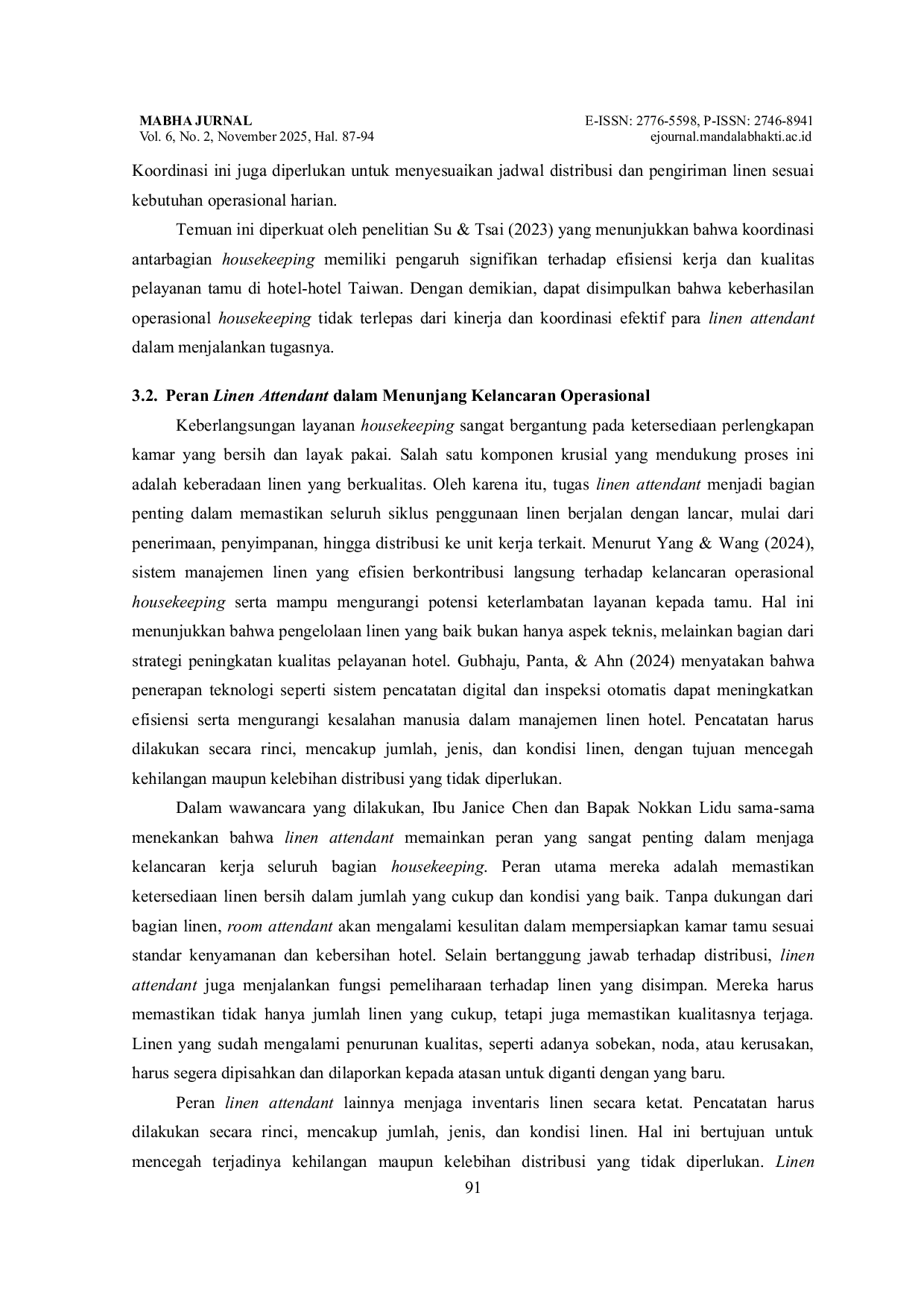 JURIS Peranan Linen Attendant dalam Menunjang Kelancaran Operasional pada Departemen Housekeeping di Freshfields Hotel Taichung