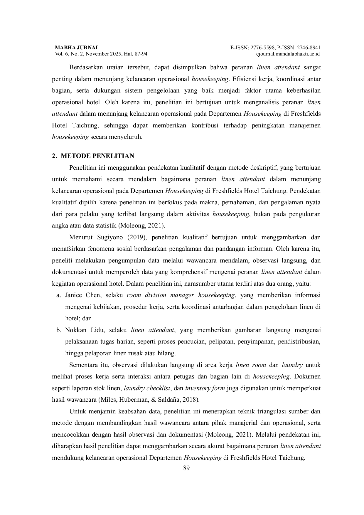 JURIS Peranan Linen Attendant dalam Menunjang Kelancaran Operasional pada Departemen Housekeeping di Freshfields Hotel Taichung