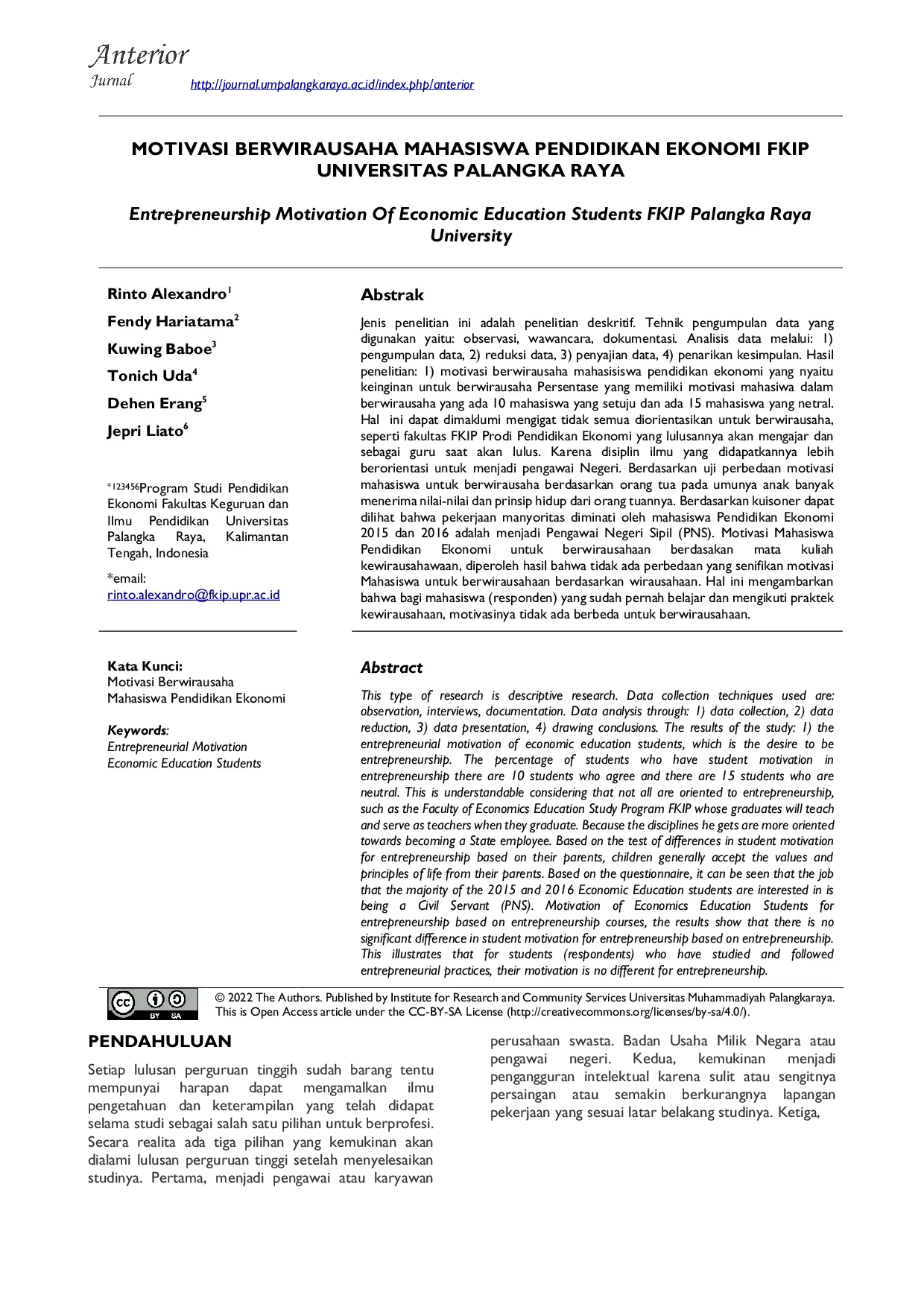 JURIS Motivasi Berwirausaha Mahasiswa Pendidikan Ekonomi FKIP Universitas Palangka Raya