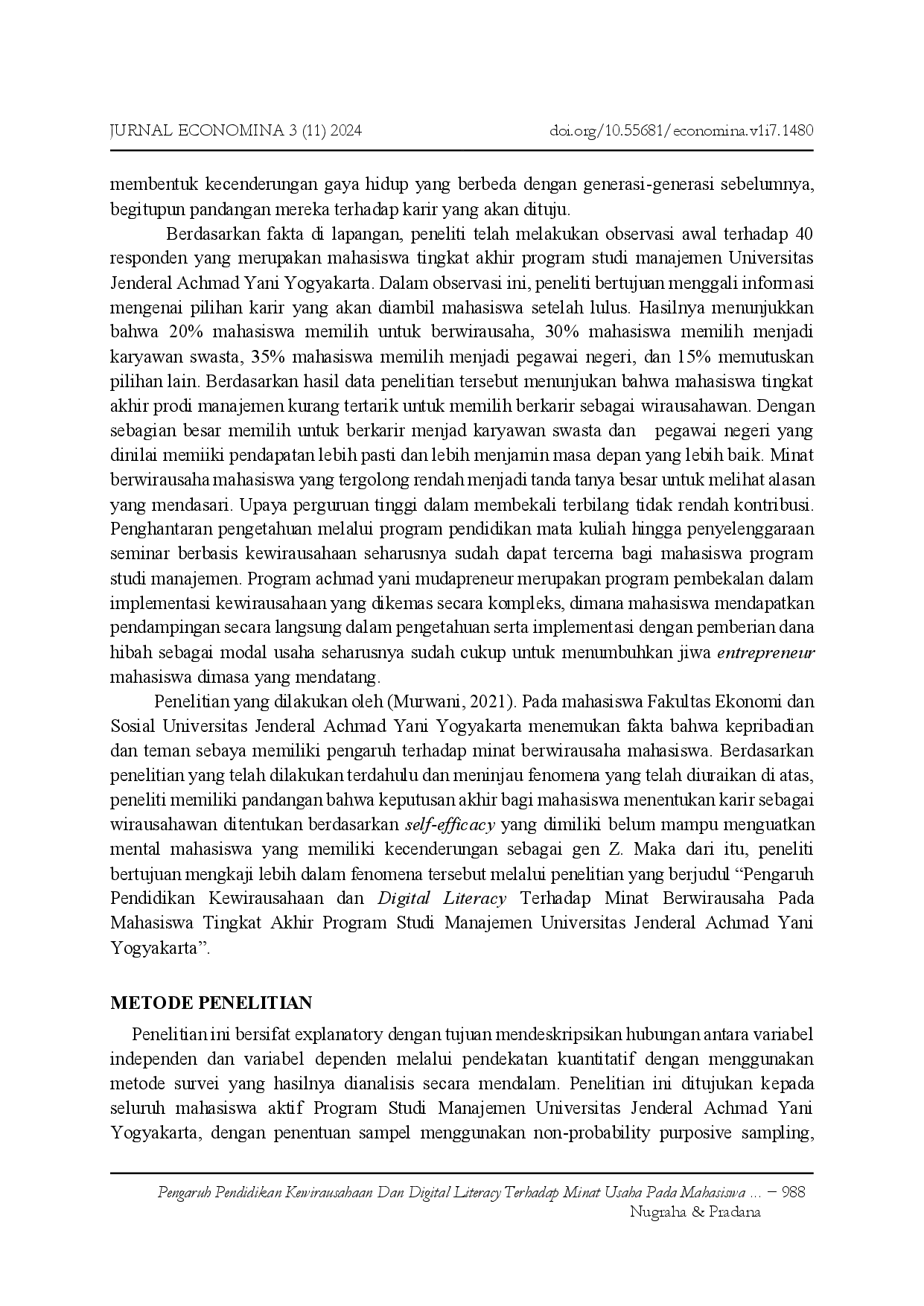 juris Pengaruh Pendidikan Kewirausahaan Dan Digital Literacy Terhadap Minat Usaha Pada Mahasiswa Tingkat Akhir Program Studi Manajemen Universitas Jenderal Achmad Yani Yogyakarta