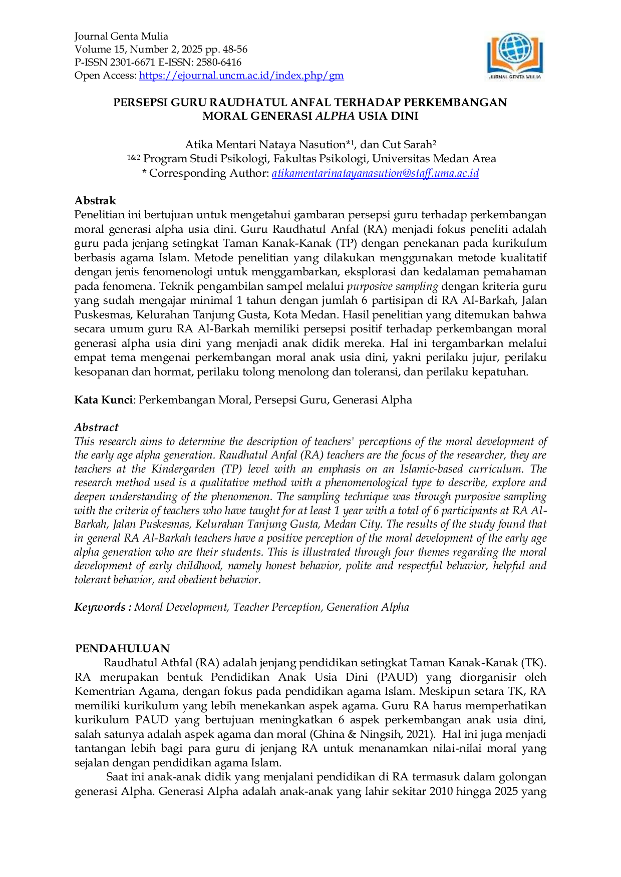 JURIS Persepsi Guru Raudhatul Anfal Terhadap Perkembangan Moral Generasi Alpha Usia Dini