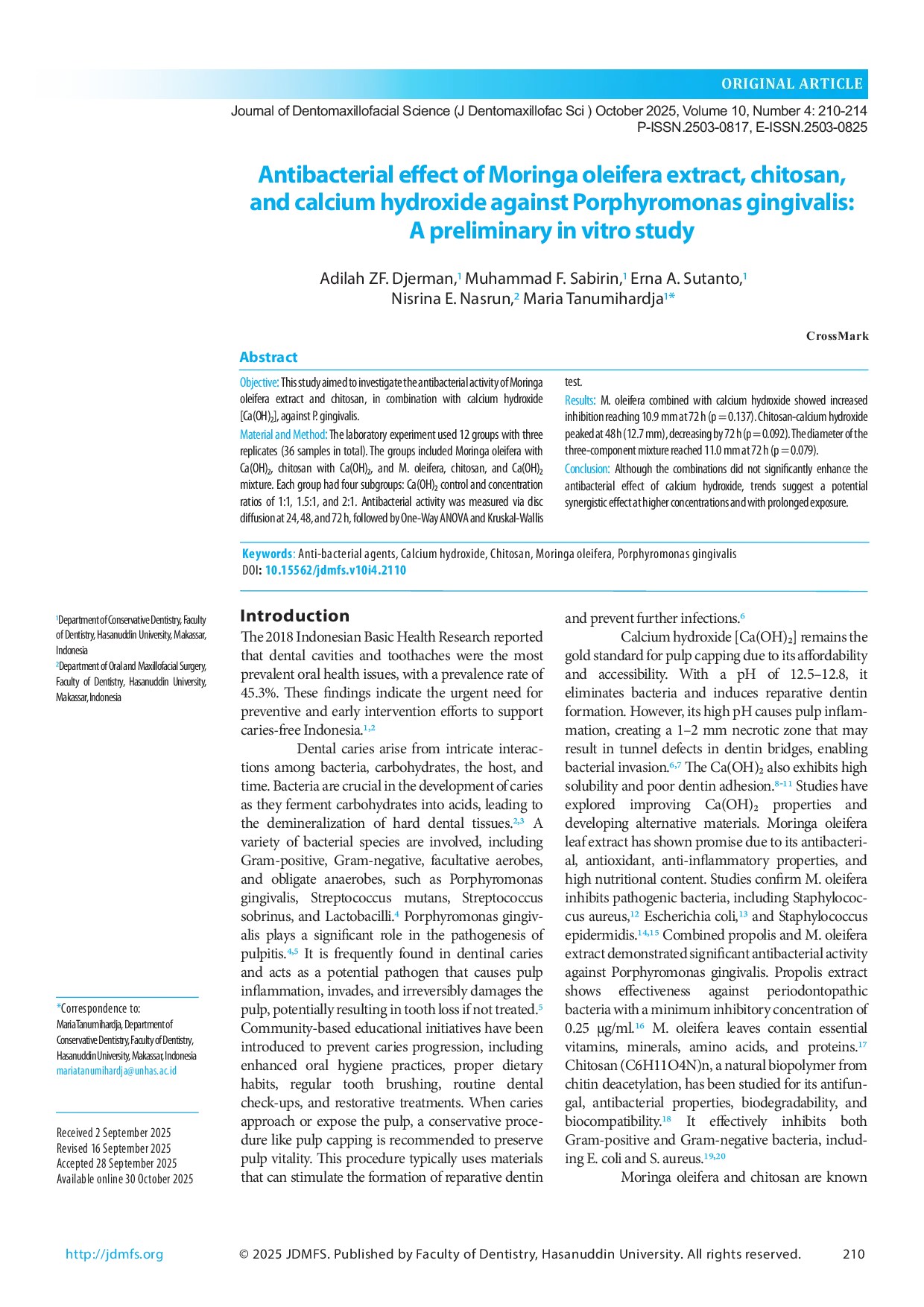 JURIS Antibacterial effect of Moringa oleifera extract chitosan and calcium hydroxide against Porphyromonas gingivalis A preliminary in vitro study