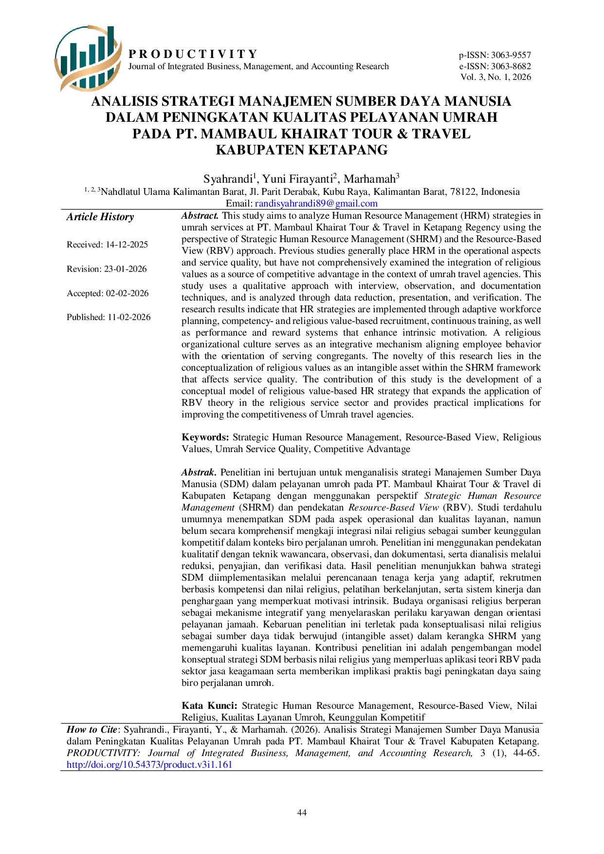 JURIS Analisis Strategi Manajemen Sumber Daya Manusia dalam Peningkatan Kualitas Pelayanan Umrah pada PT Mambaul Khairat Tour Travel Kabupaten Ketapang