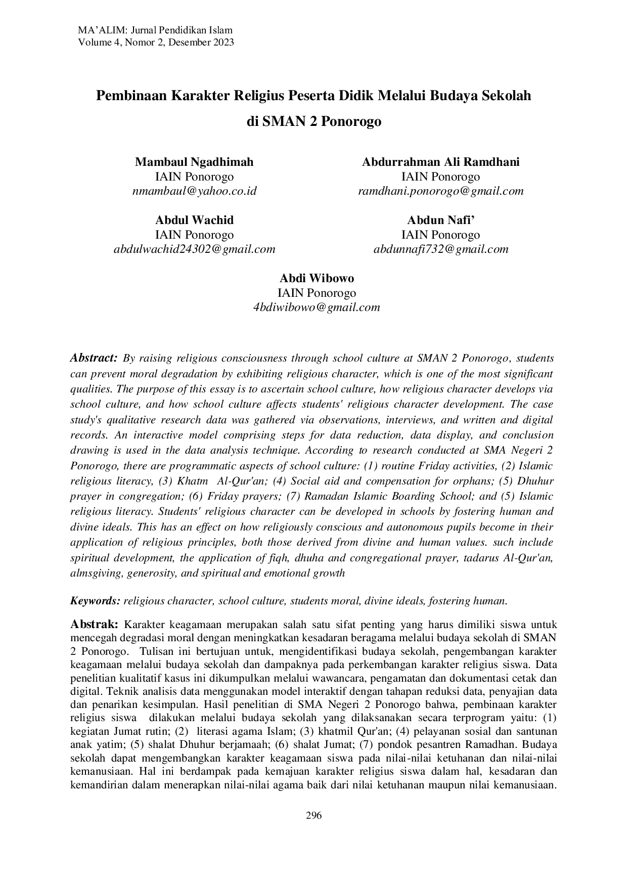 JURIS Pembinaan Karakter Religius Peserta Didik Melalui Budaya Sekolah di SMAN 2 Ponorogo