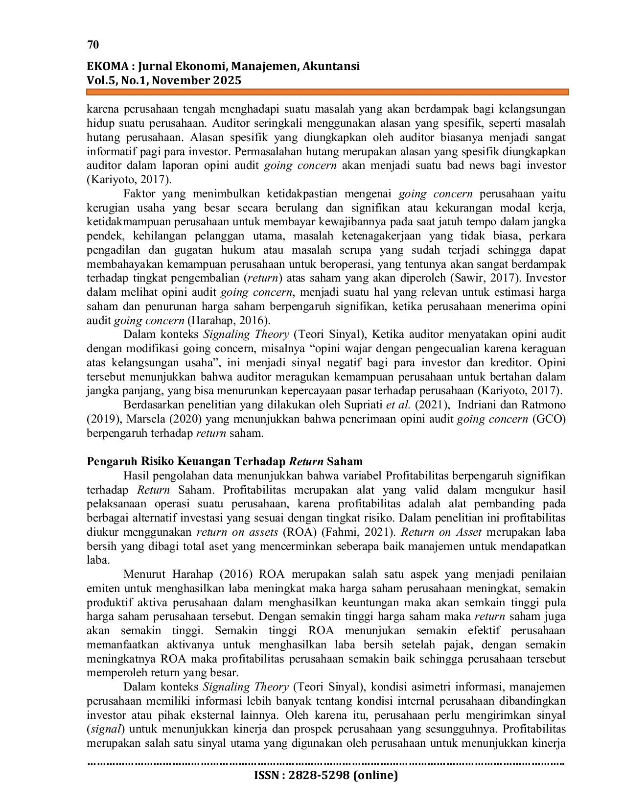 JURIS Pengaruh Penerimaan Opini Audit Going Concern Profitabilitas Dan Risiko Keuangan Terhadap Return Saham