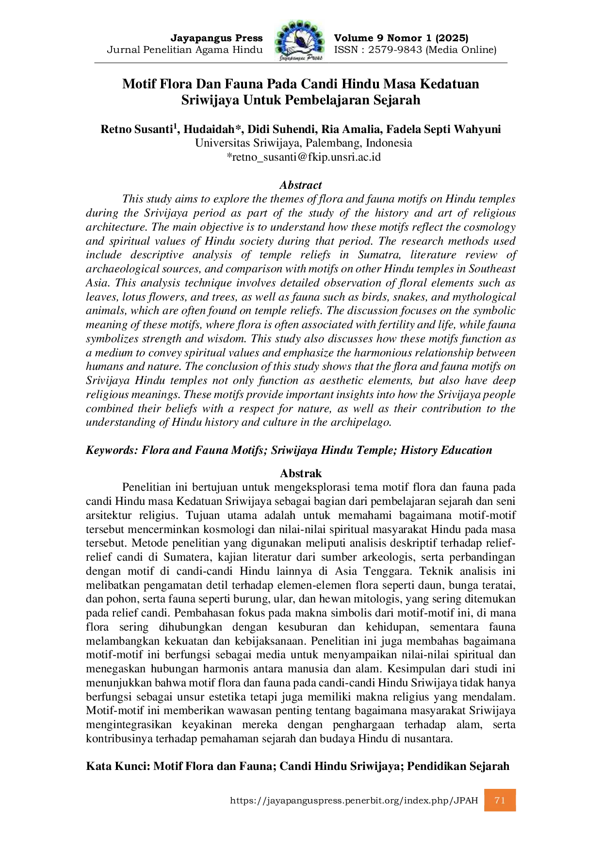 JURIS Motif Flora Dan Fauna Pada Candi Hindu Masa Kedatuan Sriwijaya Untuk Pembelajaran Sejarah