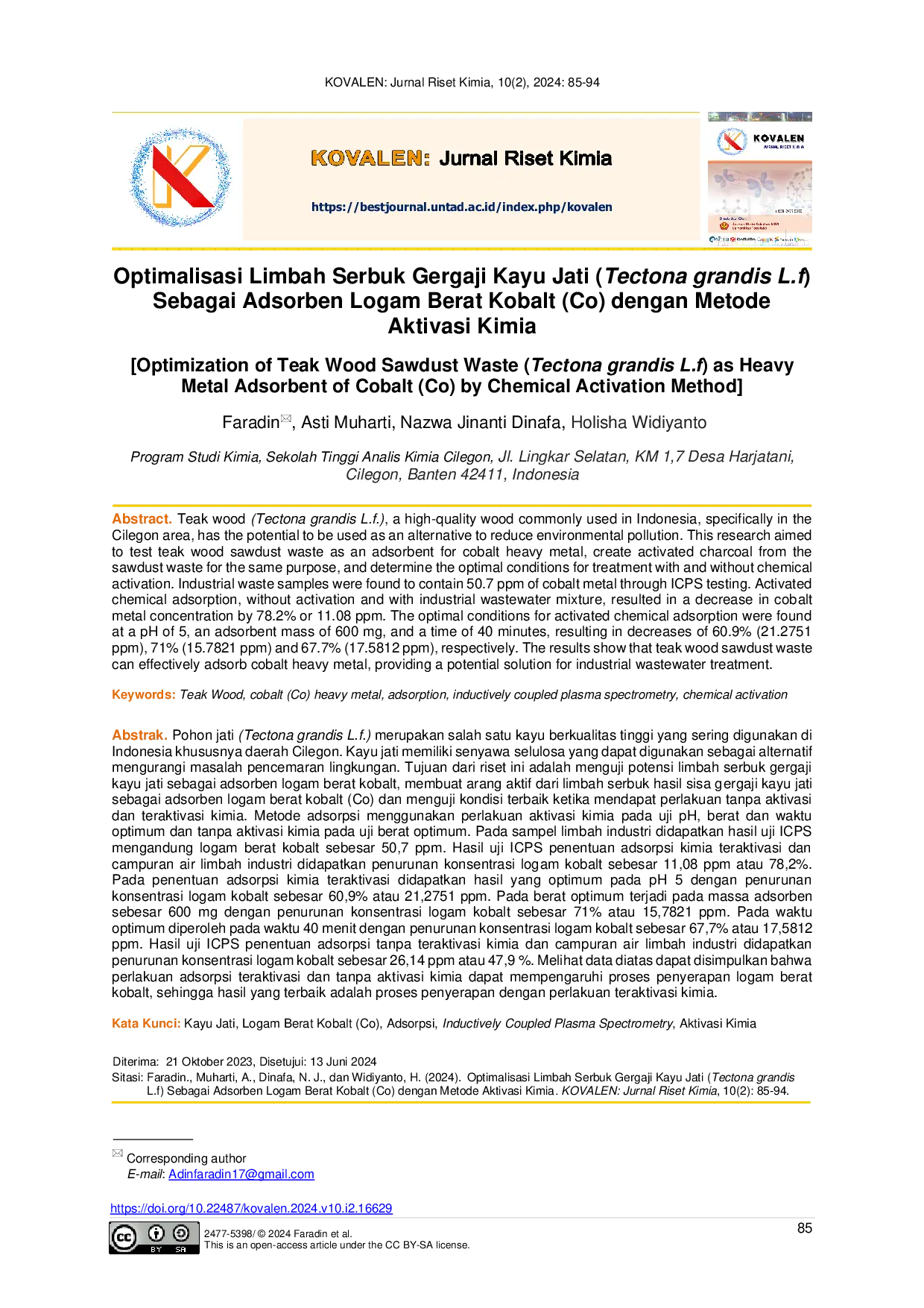 JURIS Optimalisasi Limbah Serbuk Gergaji Kayu Jati Tectona grandis L f Sebagai Adsorben Logam Berat Kobalt Co dengan Metode Aktivasi Kimia